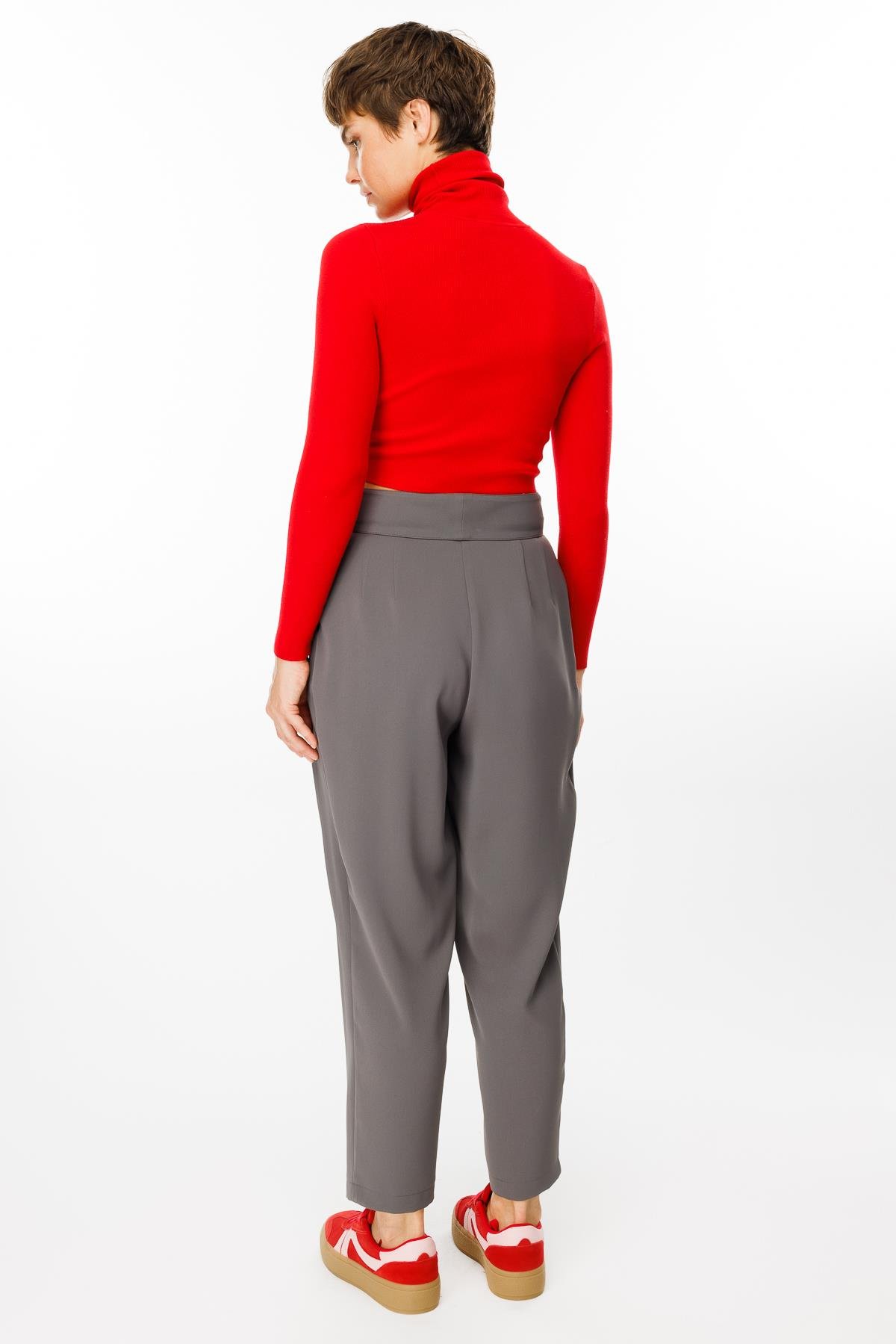 Modailgi  Çift Pile Detaylı Asimetrik Kapamalı Yüksek Bel Pantolon - 7968 Gri