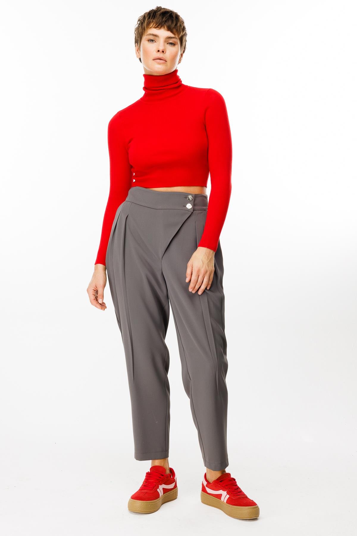 Modailgi  Çift Pile Detaylı Asimetrik Kapamalı Yüksek Bel Pantolon - 7968 Gri