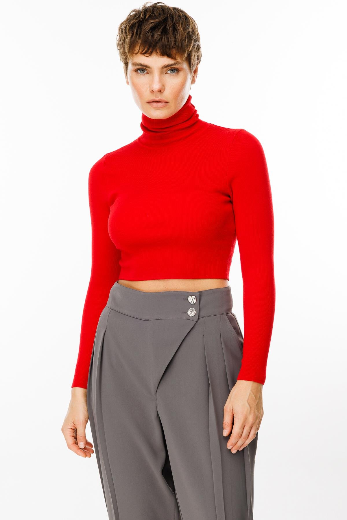 Modailgi  Çift Pile Detaylı Asimetrik Kapamalı Yüksek Bel Pantolon - 7968 Gri