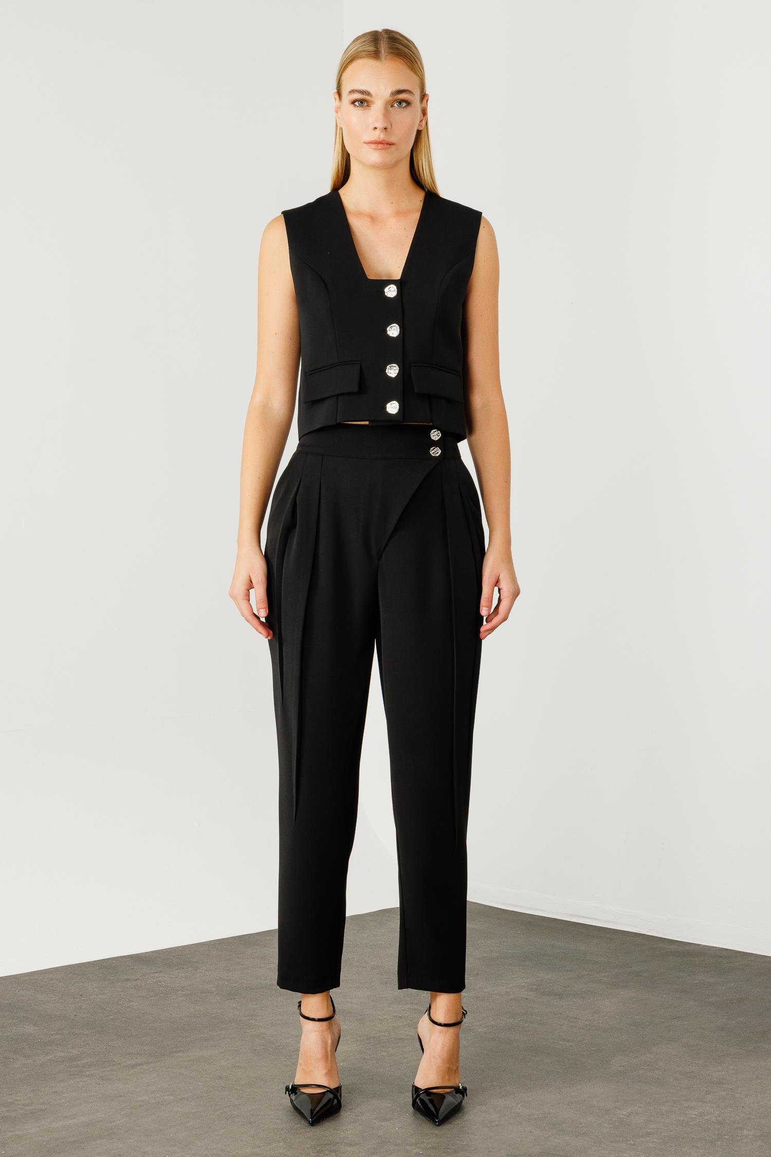 Modailgi  Çift Pile Detaylı Asimetrik Kapamalı Yüksek Bel Pantolon - 7968 Siyah