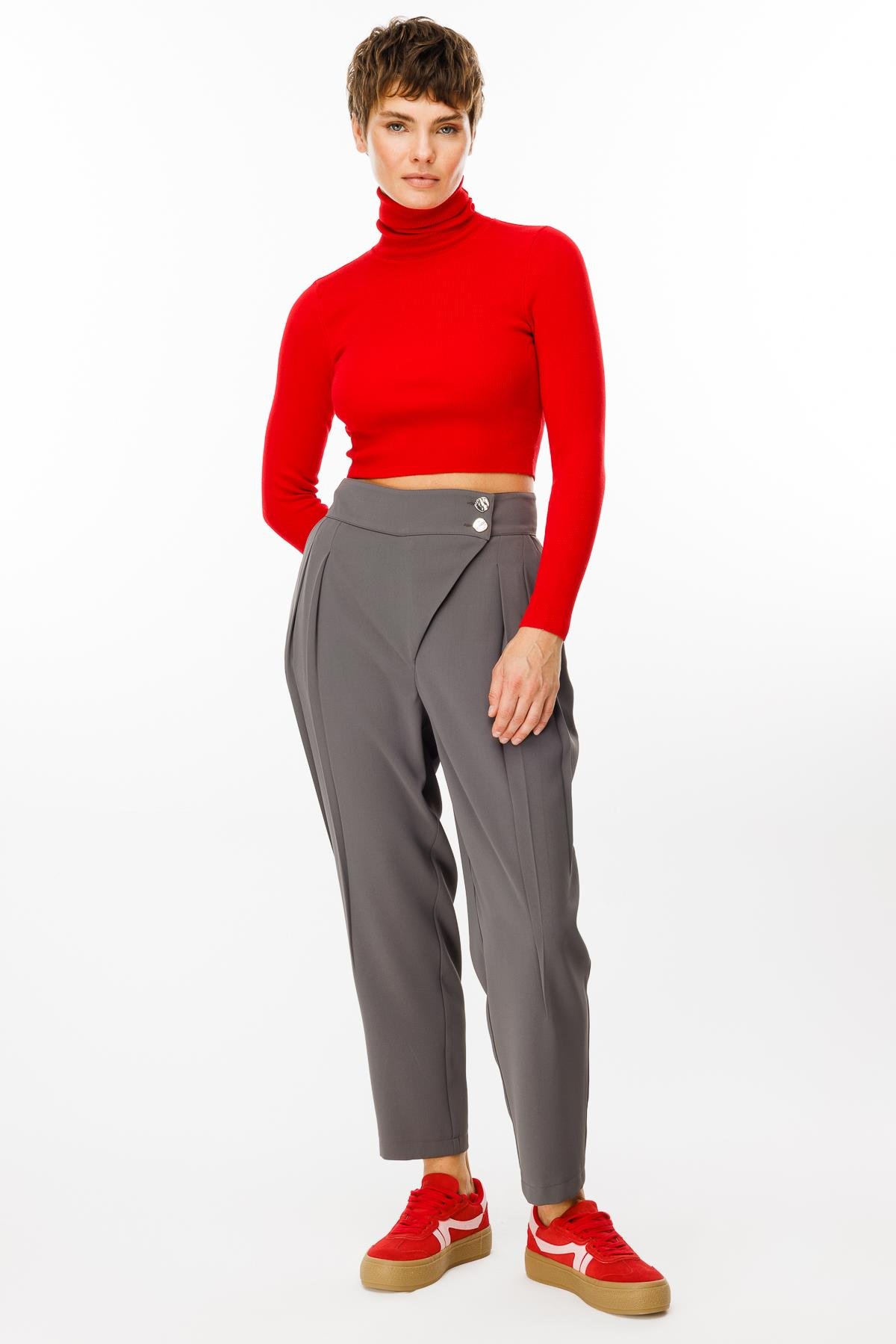 Modailgi  Çift Pile Detaylı Asimetrik Kapamalı Yüksek Bel Pantolon - 7968 Gri