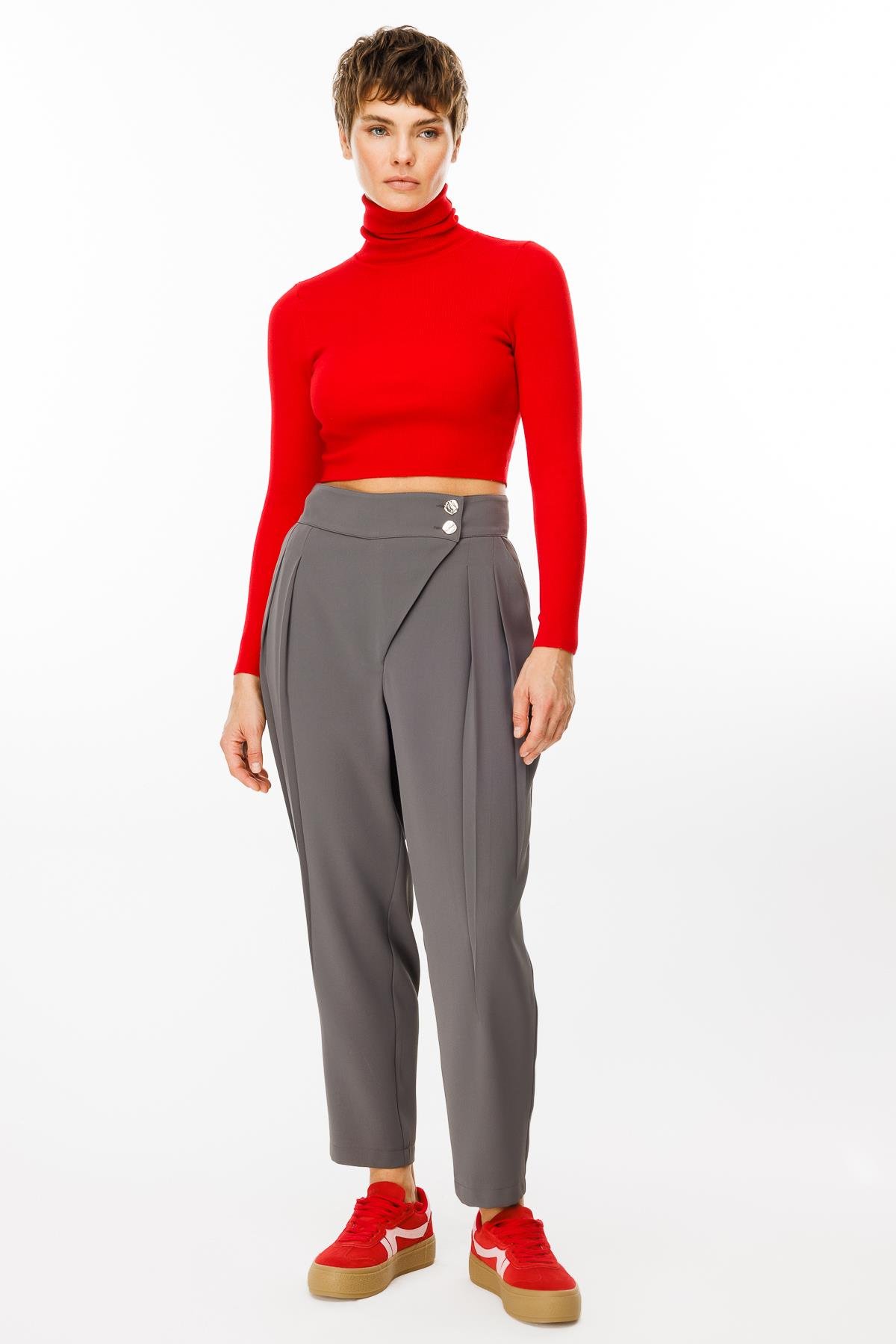 Modailgi  Çift Pile Detaylı Asimetrik Kapamalı Yüksek Bel Pantolon - 7968 Gri