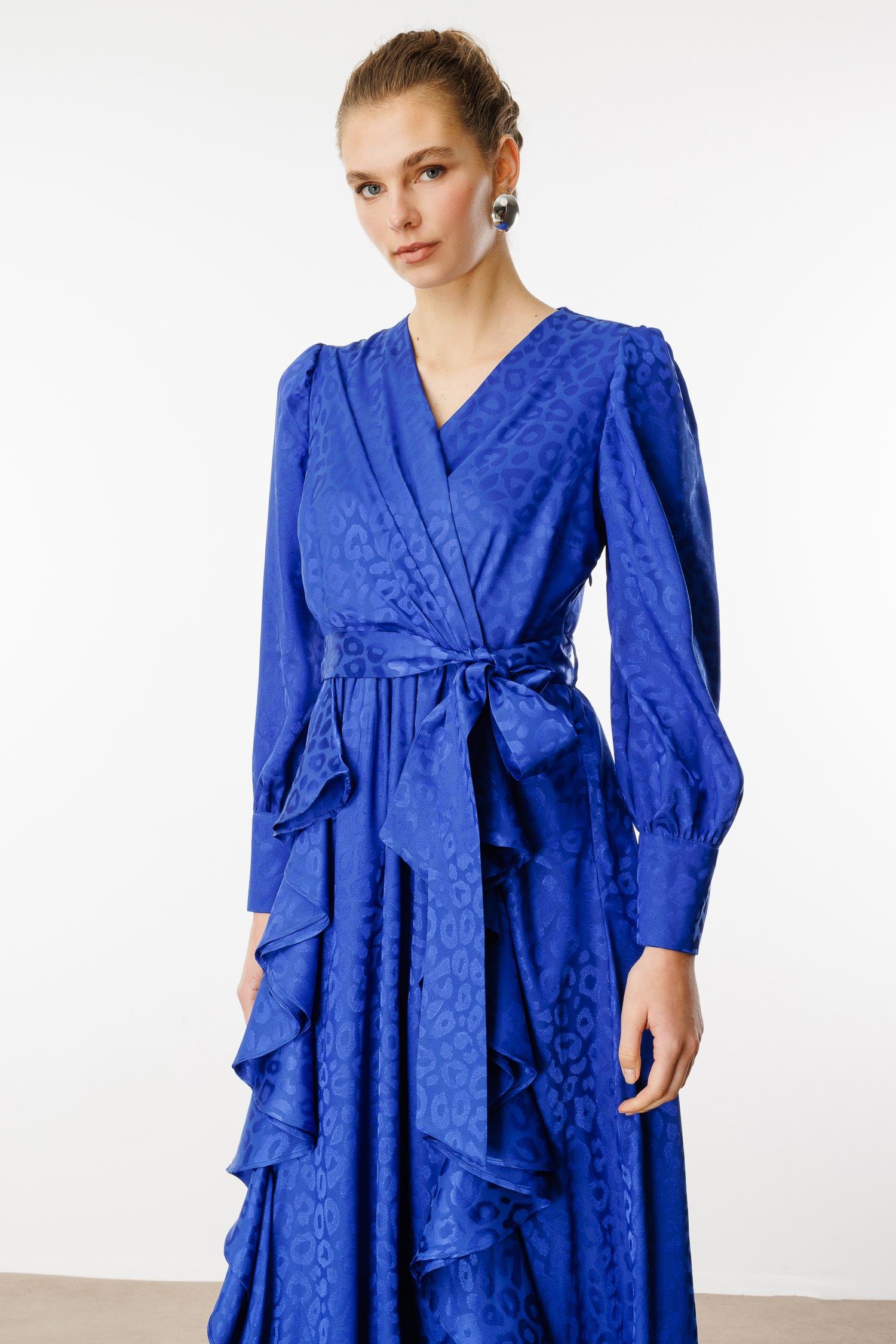 Modailgi  Çift Volanlı Jakar Desenli Kruvaze Elbise Saks