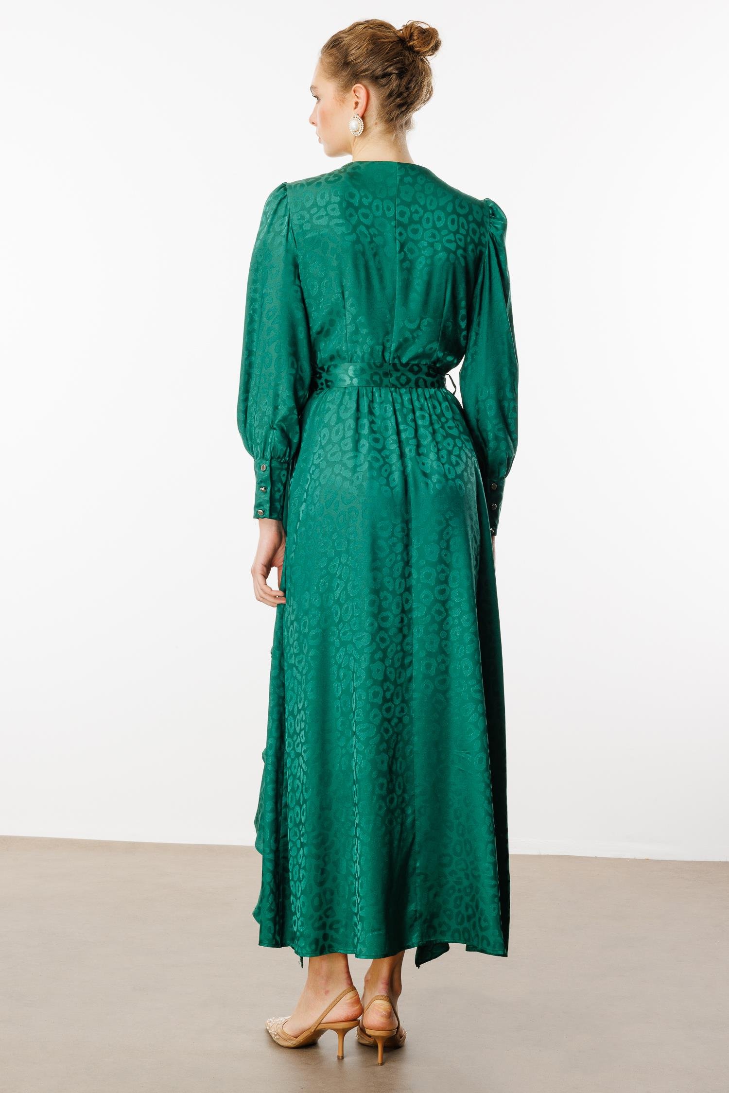 Modailgi  Çift Volanlı Jakar Desenli Kruvaze Elbise Yeşil