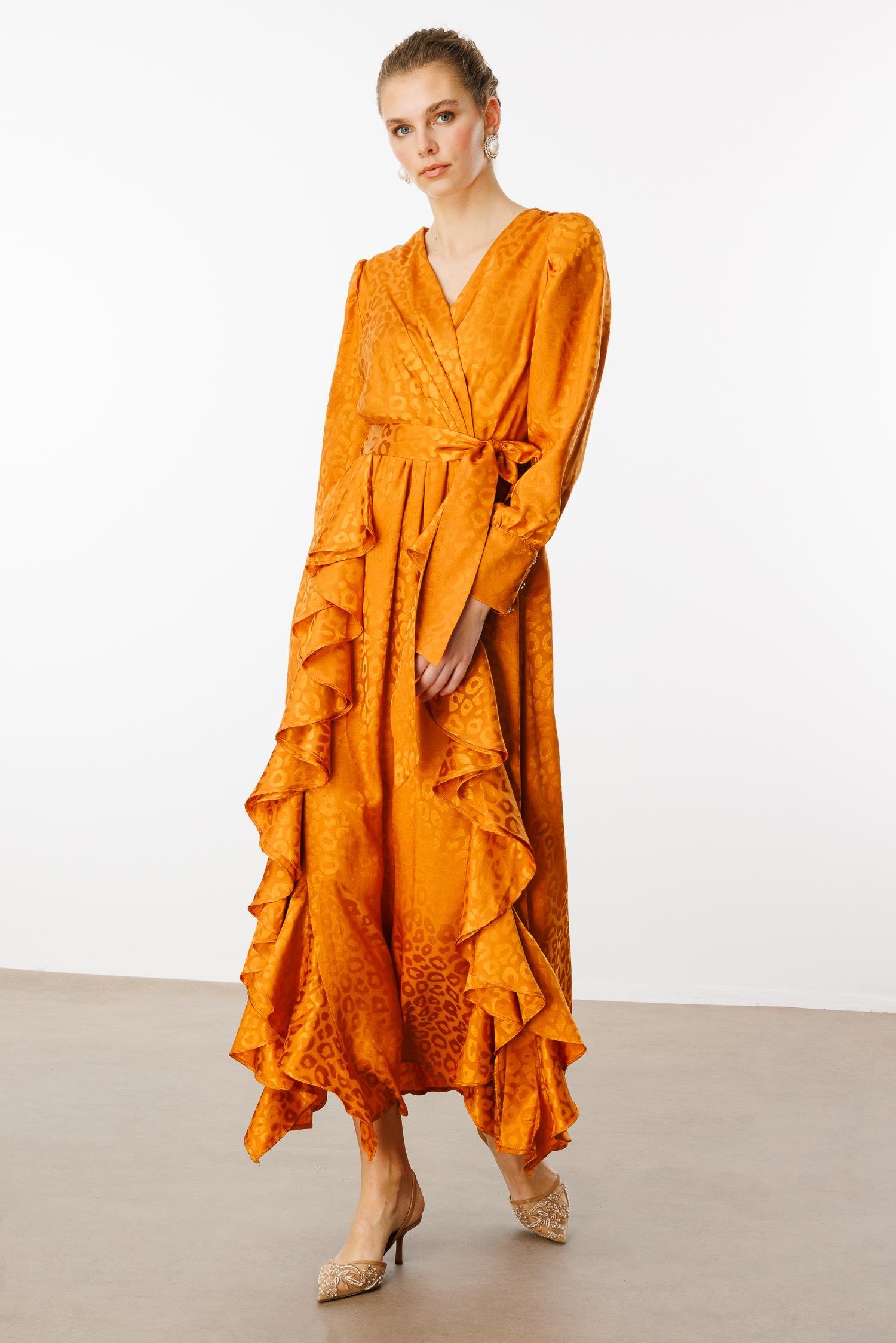 Modailgi  Çift Volanlı Jakar Desenli Kruvaze Elbise Orange