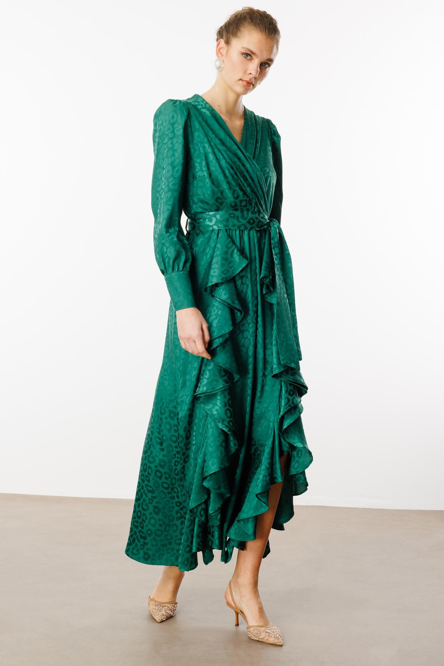 Modailgi  Çift Volanlı Jakar Desenli Kruvaze Elbise Yeşil