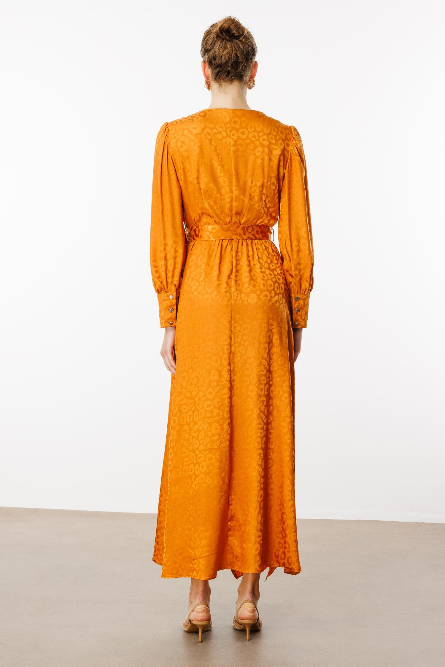 Modailgi  Çift Volanlı Jakar Desenli Kruvaze Elbise Orange