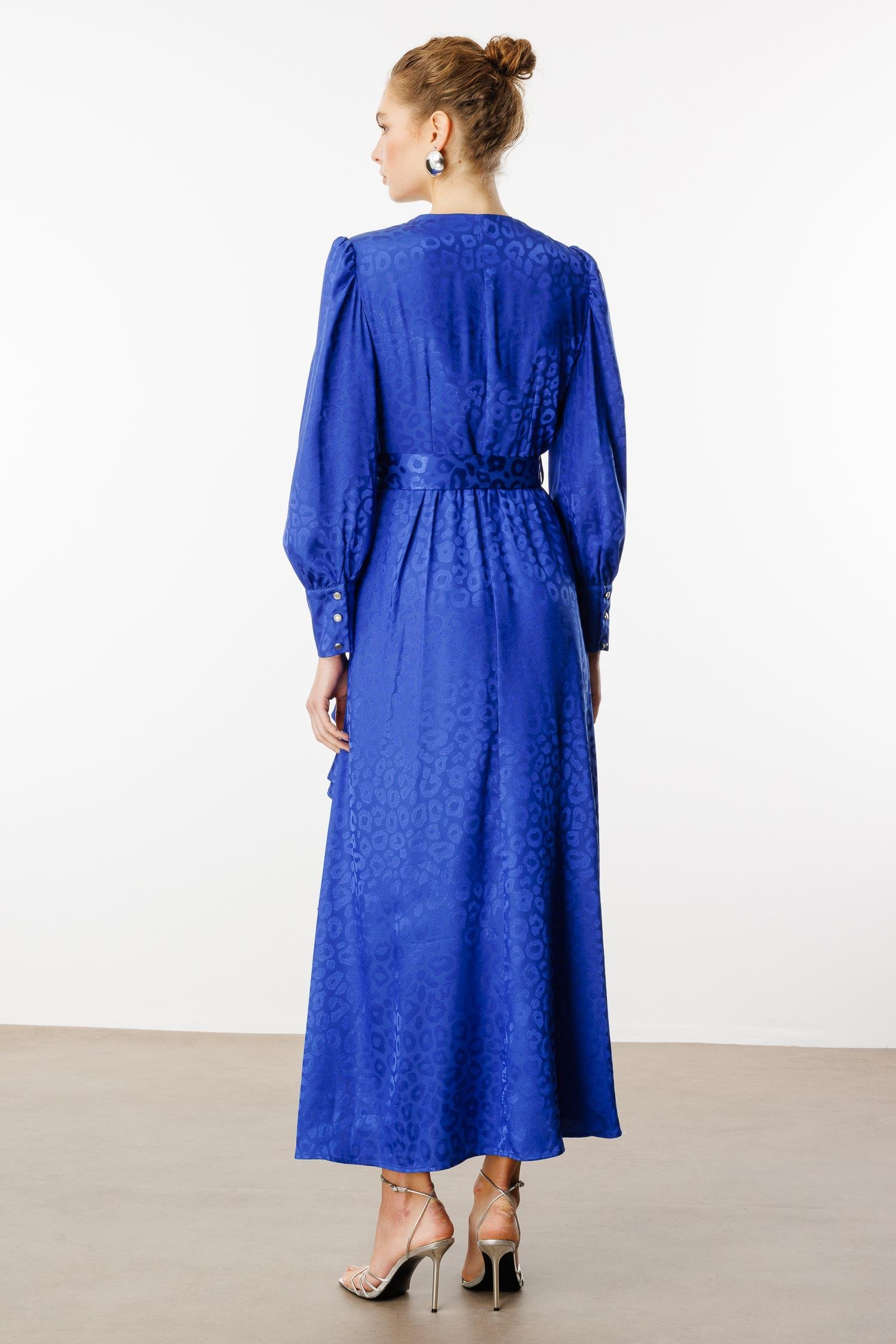 Modailgi  Çift Volanlı Jakar Desenli Kruvaze Elbise Saks