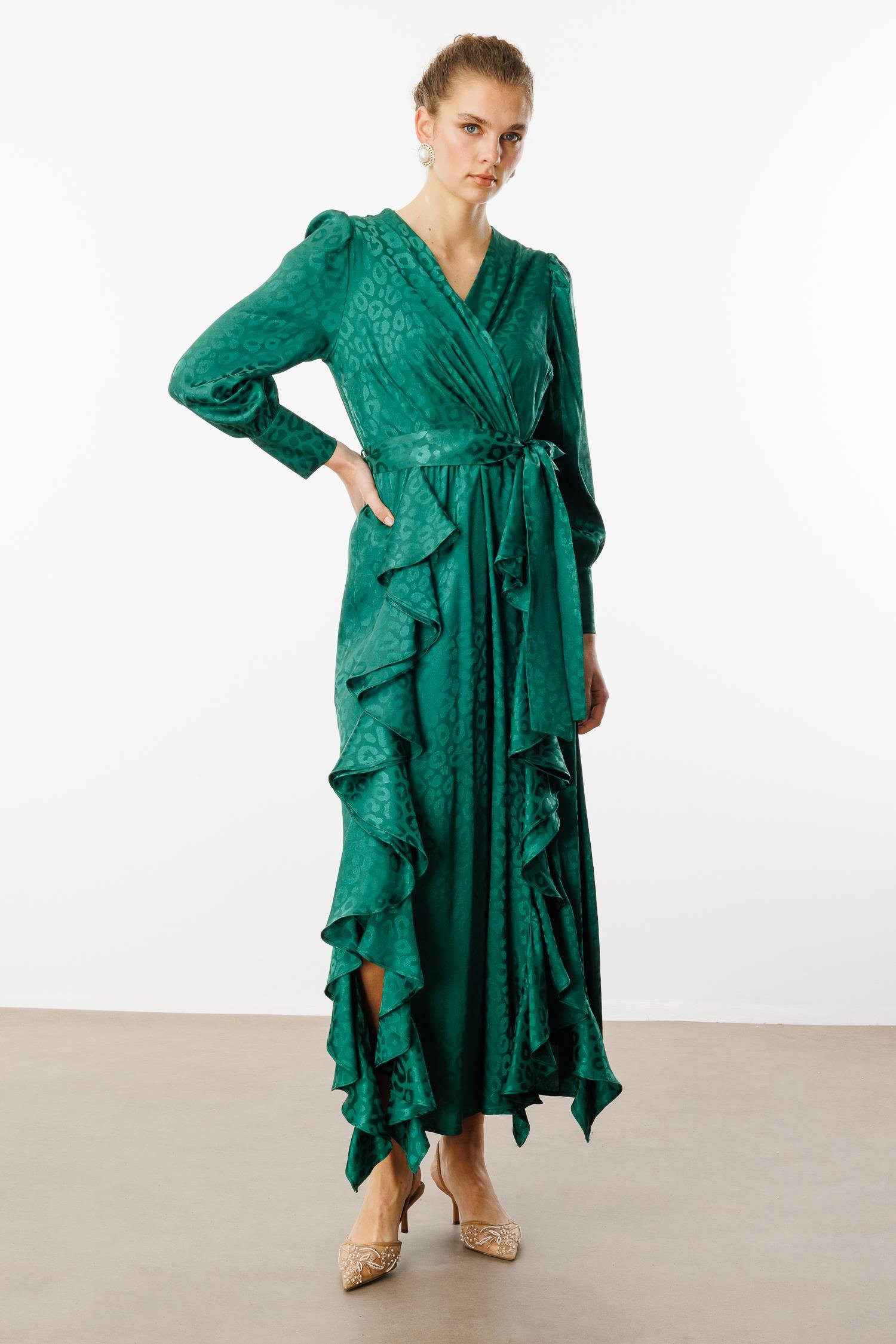 Modailgi  Çift Volanlı Jakar Desenli Kruvaze Elbise Yeşil