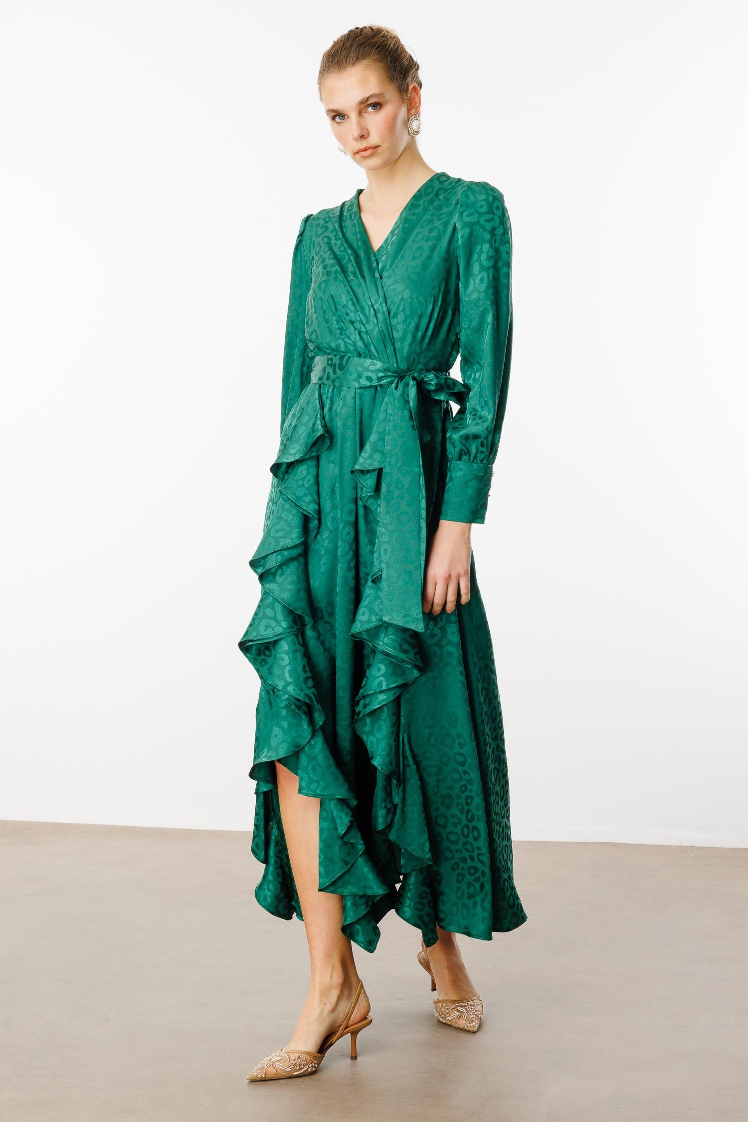 Modailgi  Çift Volanlı Jakar Desenli Kruvaze Elbise Yeşil