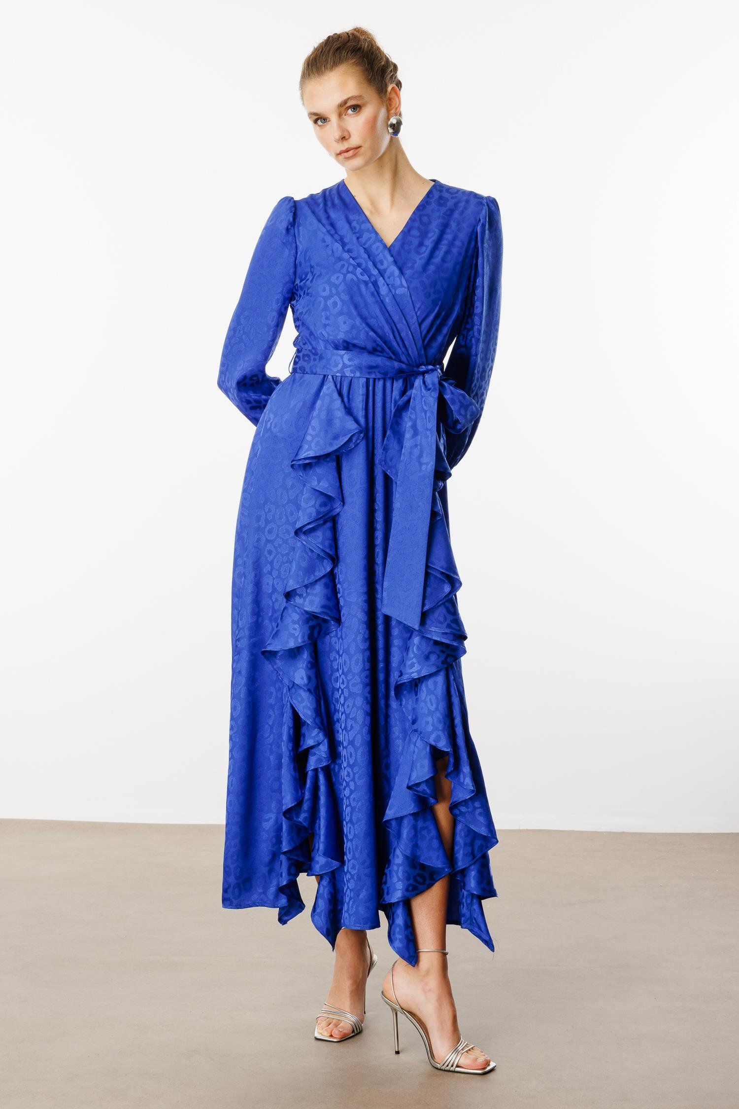 Modailgi  Çift Volanlı Jakar Desenli Kruvaze Elbise Saks