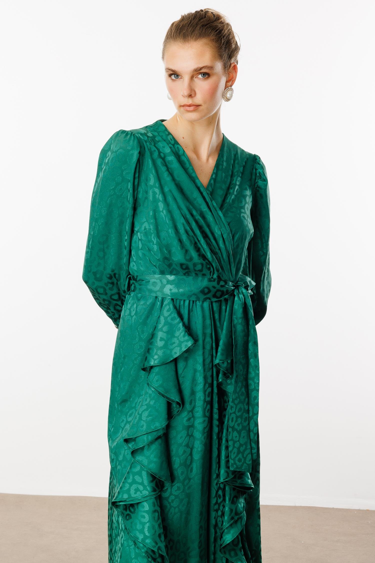 Modailgi  Çift Volanlı Jakar Desenli Kruvaze Elbise Yeşil