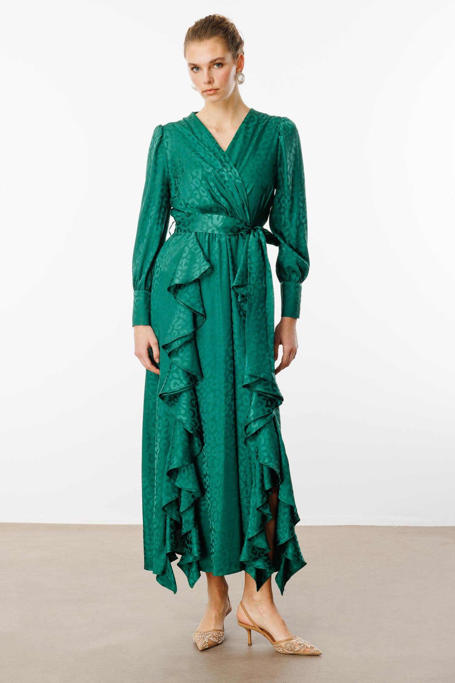 Modailgi  Çift Volanlı Jakar Desenli Kruvaze Elbise Yeşil