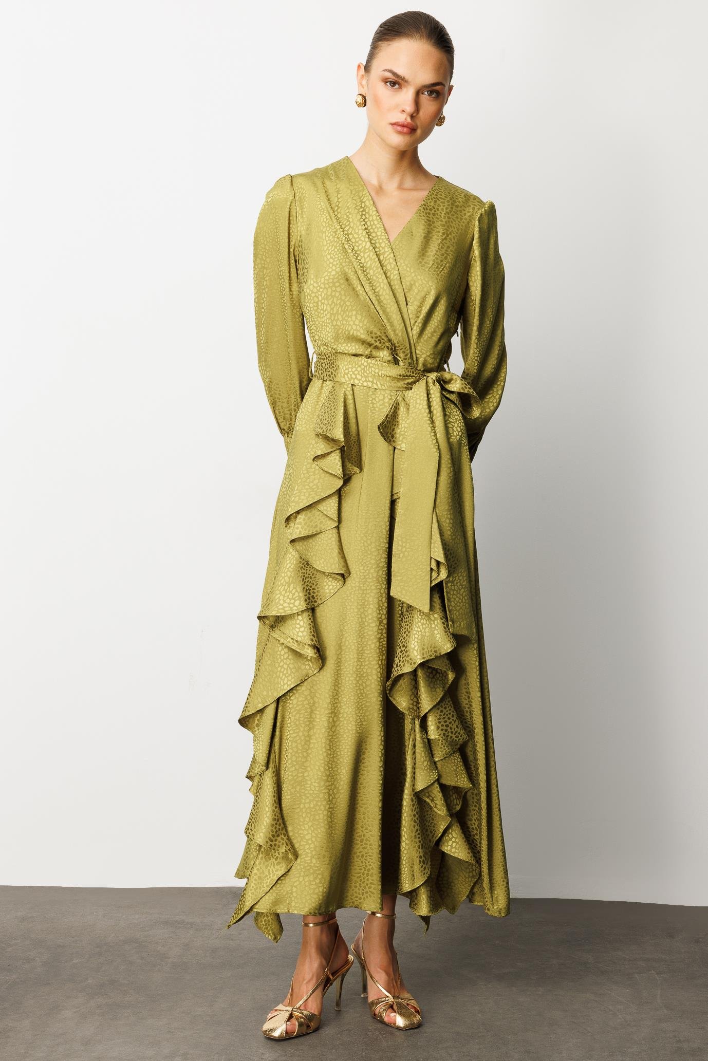 Modailgi  Çift Volanlı Jakar Desenli Kruvaze Elbise OLİVE PUANTİYELİ