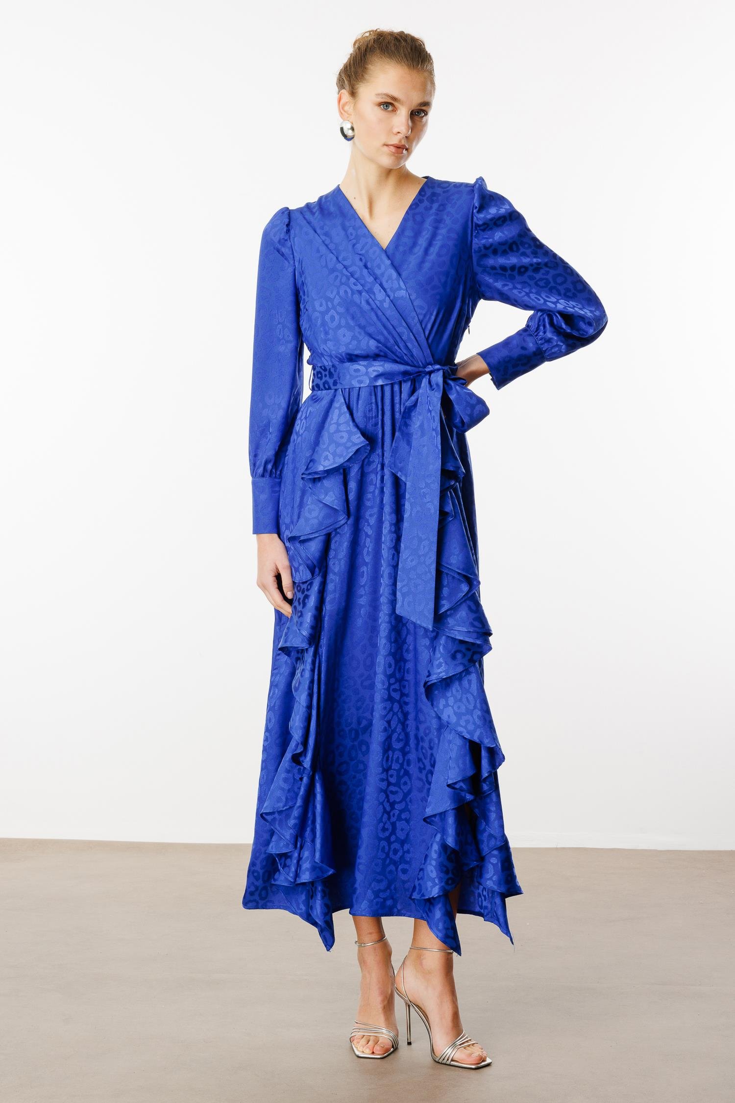 Modailgi  Çift Volanlı Jakar Desenli Kruvaze Elbise Saks