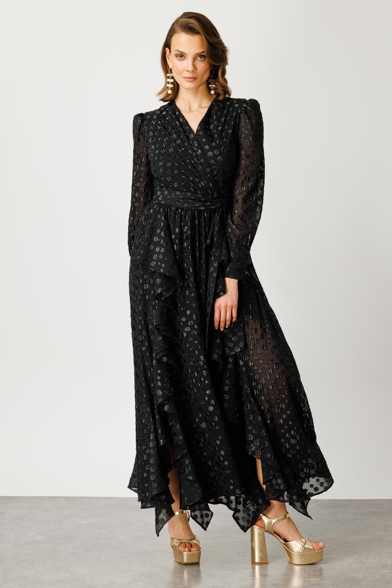 Modailgi  Çift Volanlı Simli Puanlı Elbise Siyah