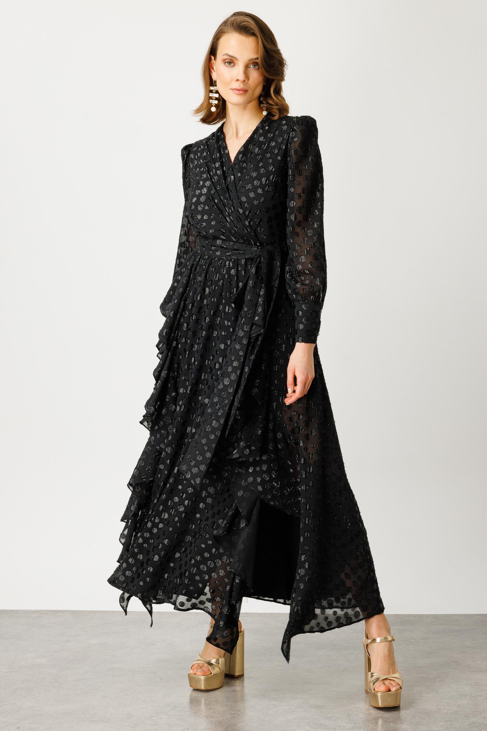 Modailgi  Çift Volanlı Simli Puanlı Elbise Siyah