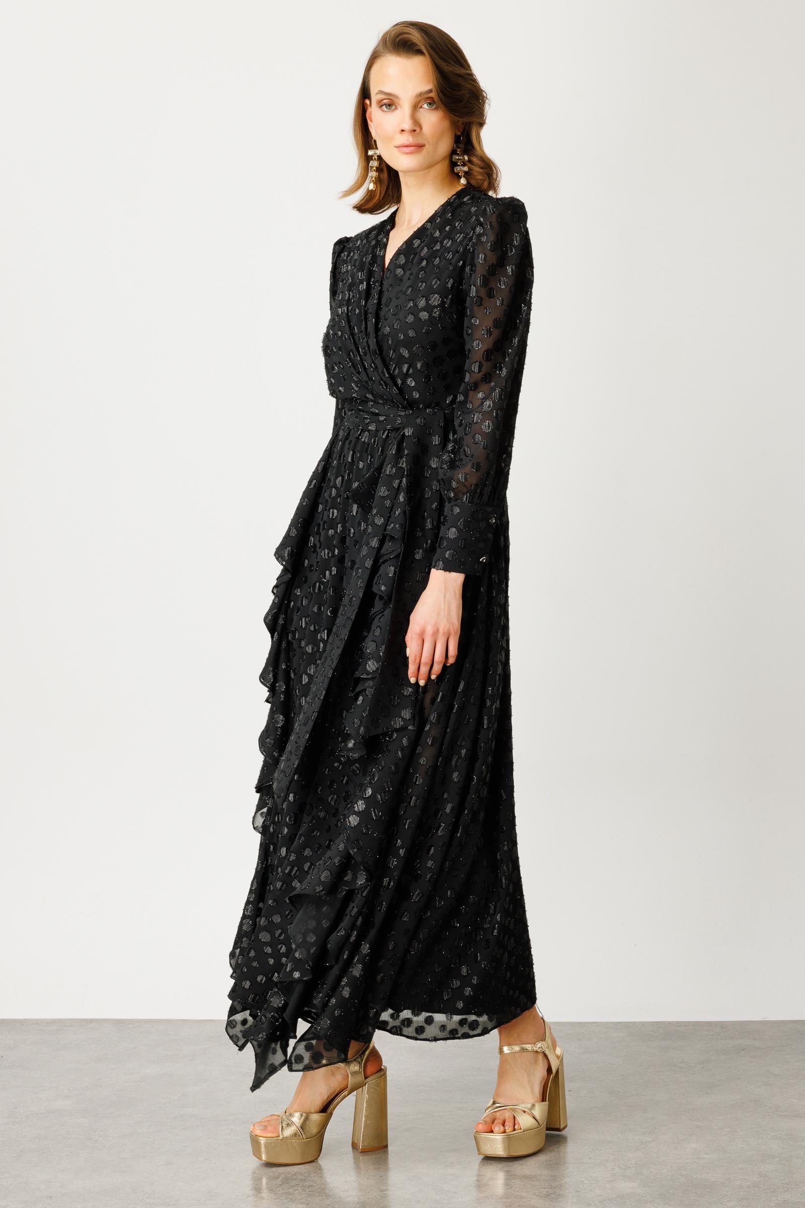 Modailgi  Çift Volanlı Simli Puanlı Elbise Siyah