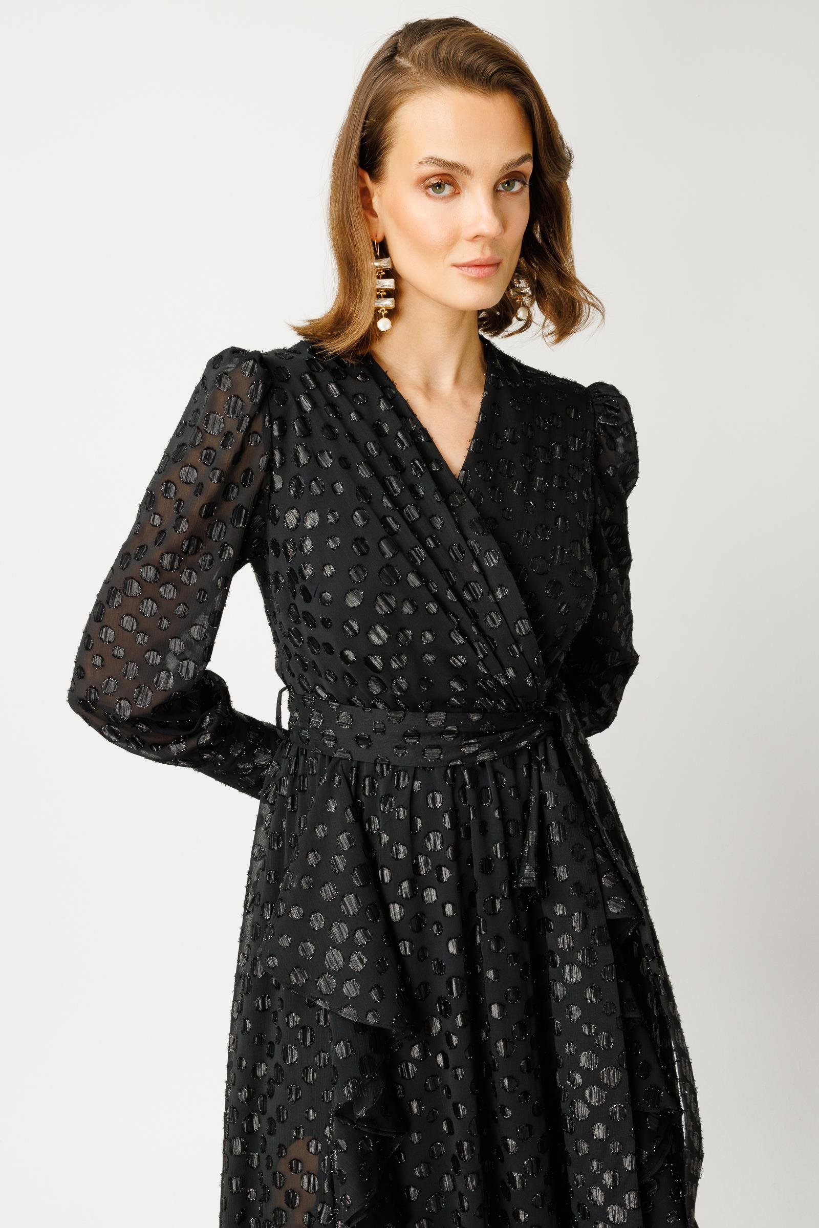 Modailgi  Çift Volanlı Simli Puanlı Elbise Siyah