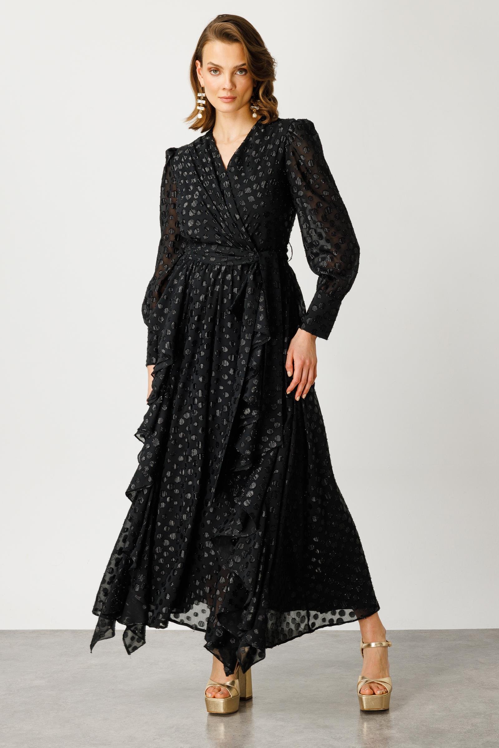 Modailgi  Çift Volanlı Simli Puanlı Elbise Siyah