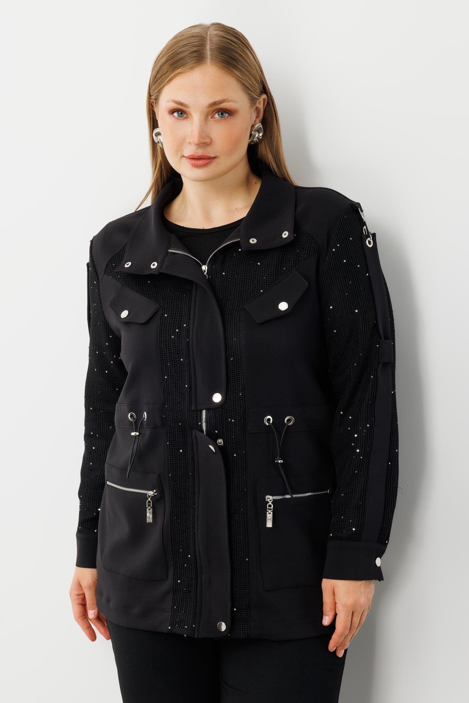 Modailgi  Çıtçıt Detaylı Beli Büzgülü Pullu File İkili Takım Siyah