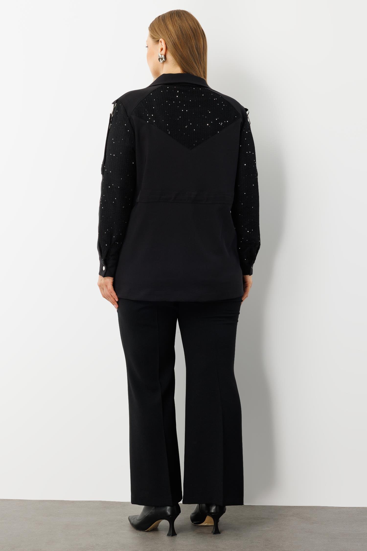 Modailgi  Çıtçıt Detaylı Beli Büzgülü Pullu File İkili Takım Siyah