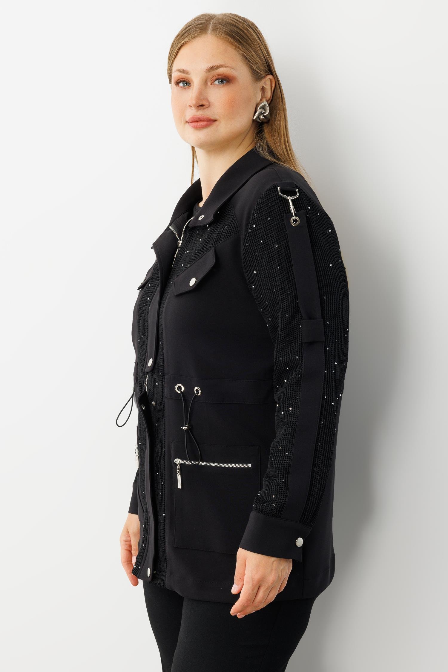 Modailgi  Çıtçıt Detaylı Beli Büzgülü Pullu File İkili Takım Siyah