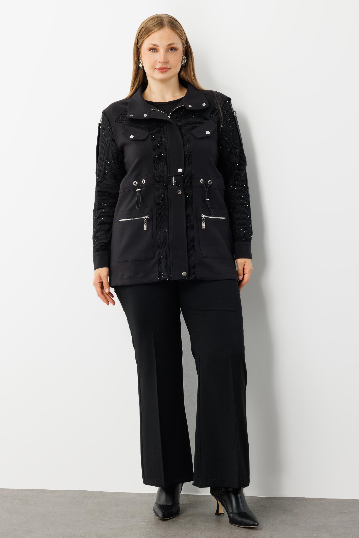 Modailgi  Çıtçıt Detaylı Beli Büzgülü Pullu File İkili Takım Siyah