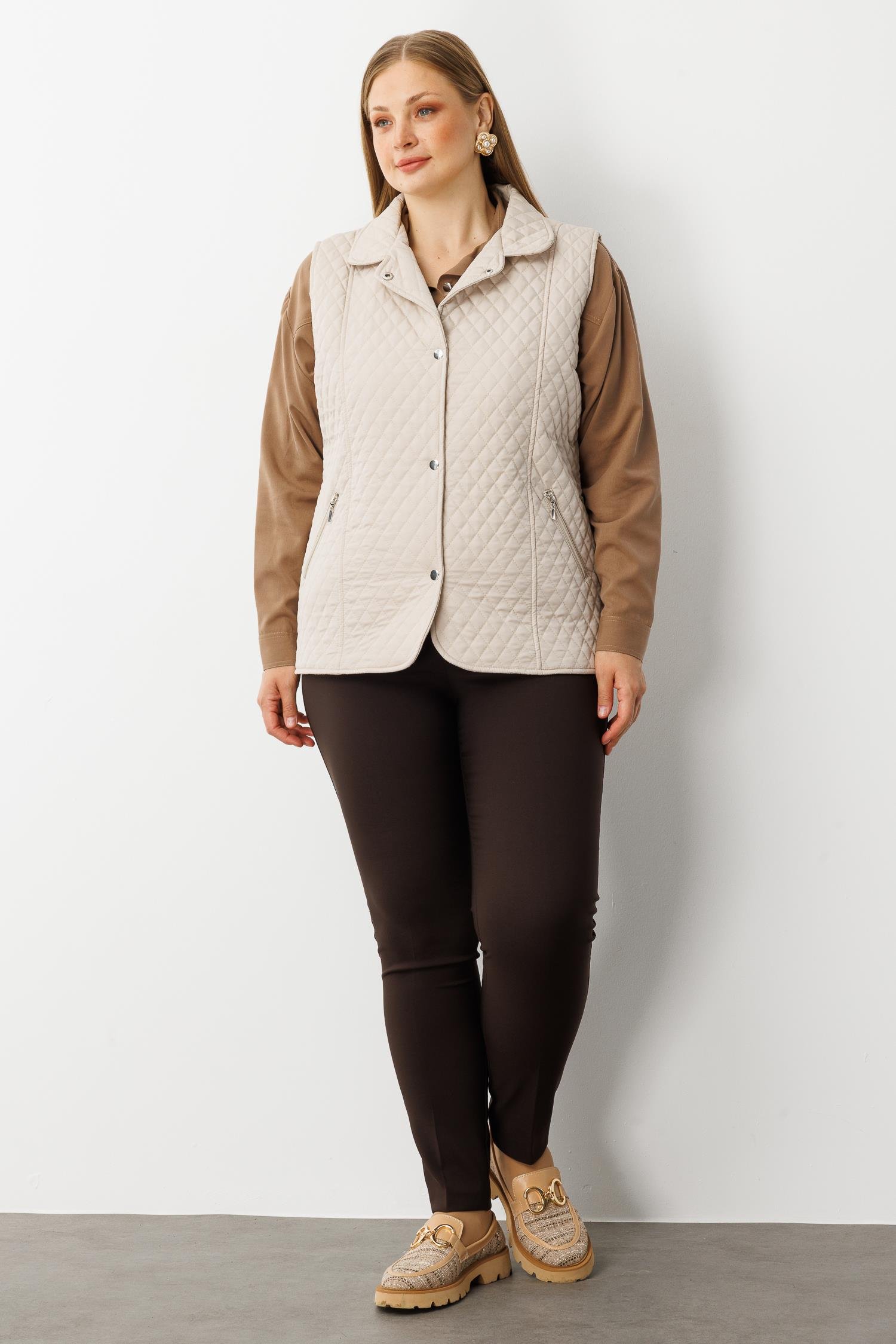 Modailgi  Çıtçıt Kapamalı Ekose Desen Kapitone Yelek Taş