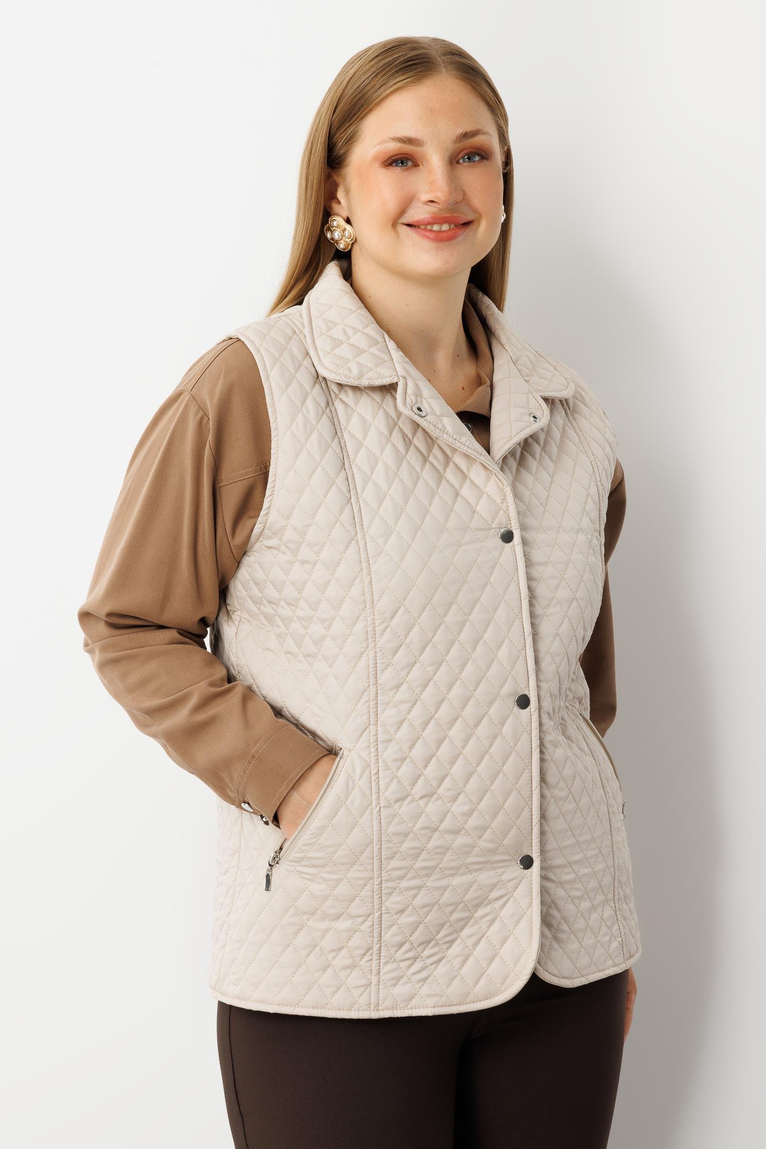 Modailgi  Çıtçıt Kapamalı Ekose Desen Kapitone Yelek Taş