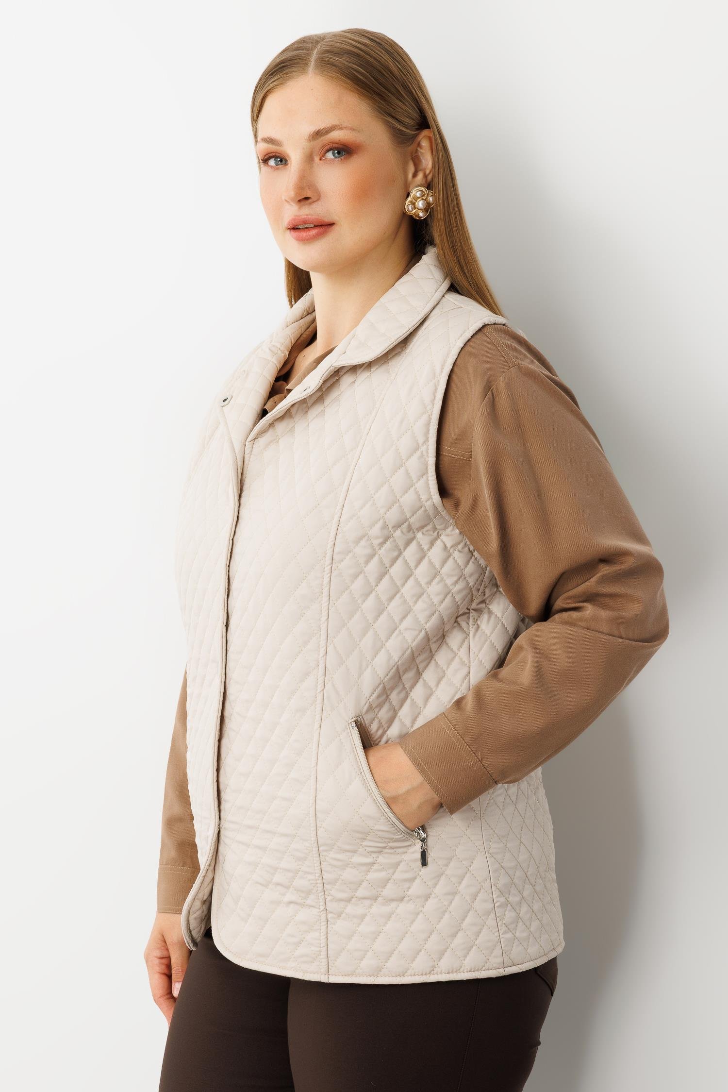 Modailgi  Çıtçıt Kapamalı Ekose Desen Kapitone Yelek Taş