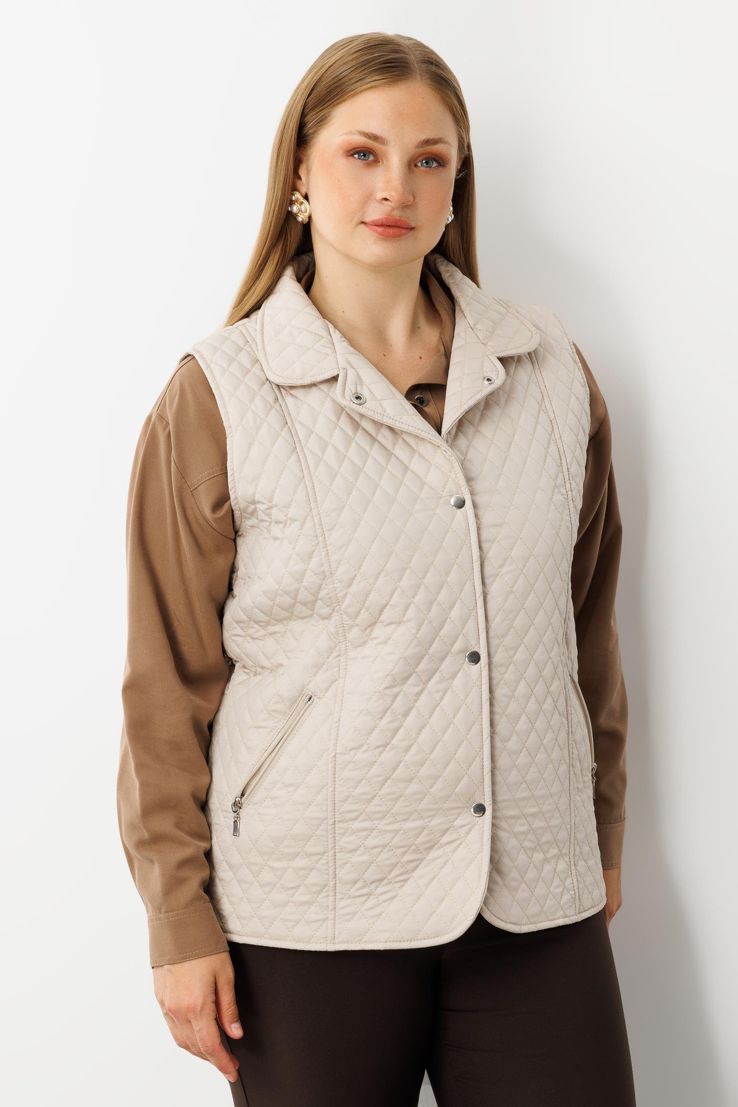 Modailgi  Çıtçıt Kapamalı Ekose Desen Kapitone Yelek Taş