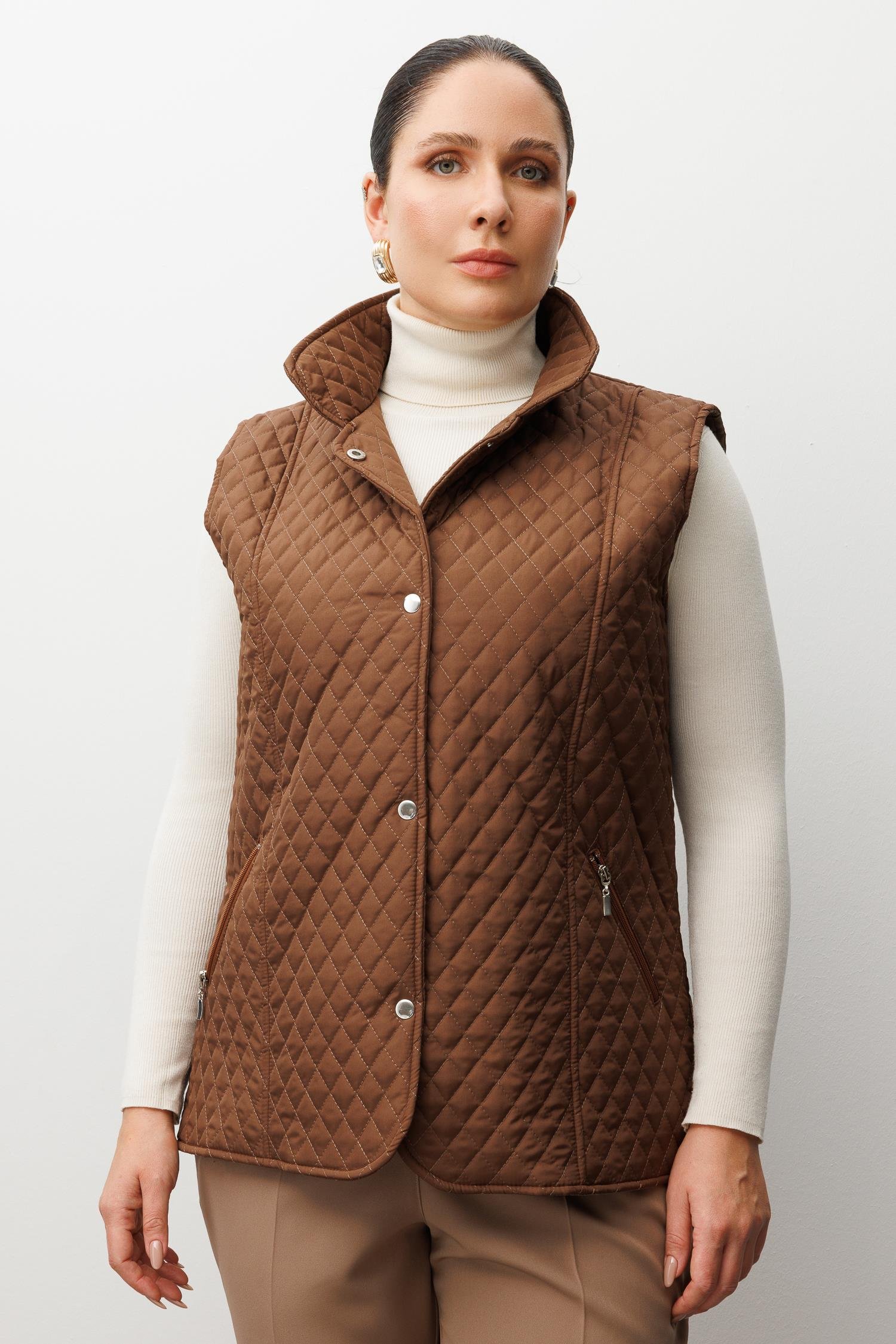 Modailgi  Çıtçıt Kapamalı Ekose Desen Kapitone Yelek Kahve