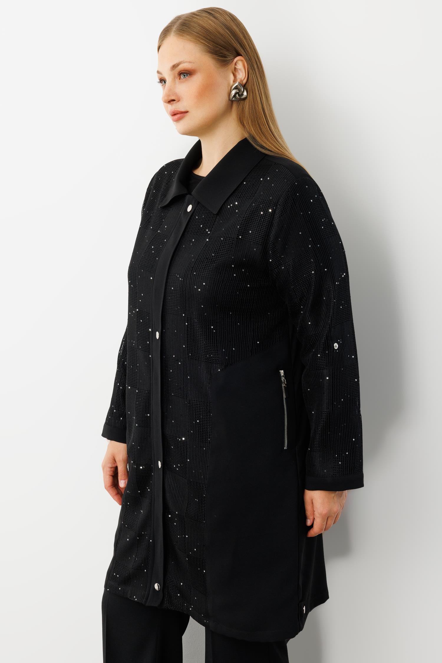 Modailgi  Çıtçıtlı Dama Desen File Pullu Detaylı Kap Siyah