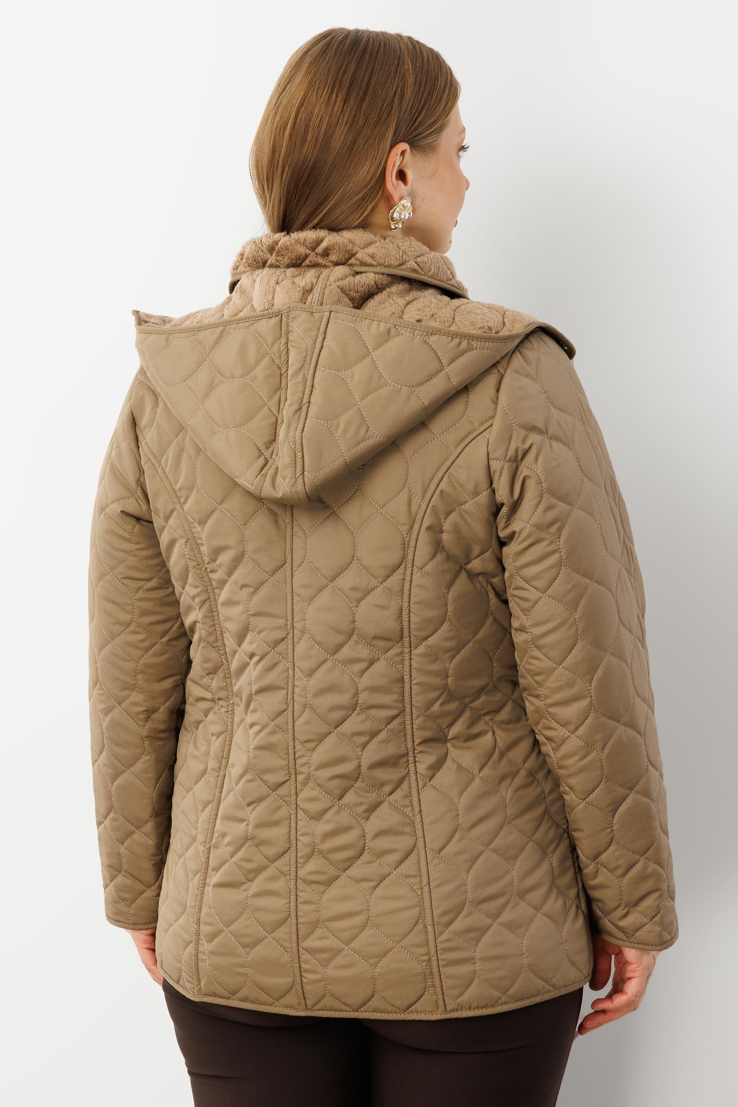 Modailgi  Çıtçıtlı Fermuarlı Soğan Desenli Kapüşonlu Kısa Kapitone Kaban Vizon