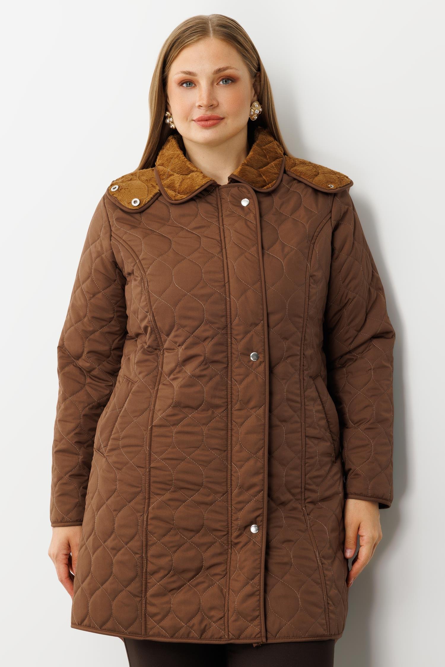 Modailgi  Çıtçıtlı Fermuarlı Soğan Desenli Kapüşonlu Kapitone Kaban Kahve