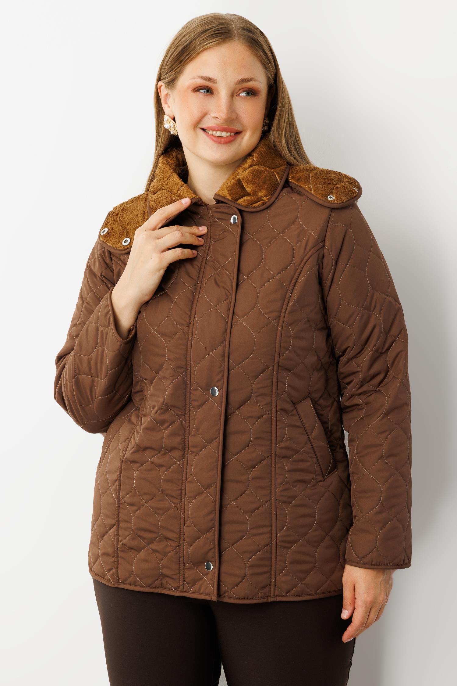 Modailgi  Çıtçıtlı Fermuarlı Soğan Desenli Kapüşonlu Kısa Kapitone Kaban Kahve