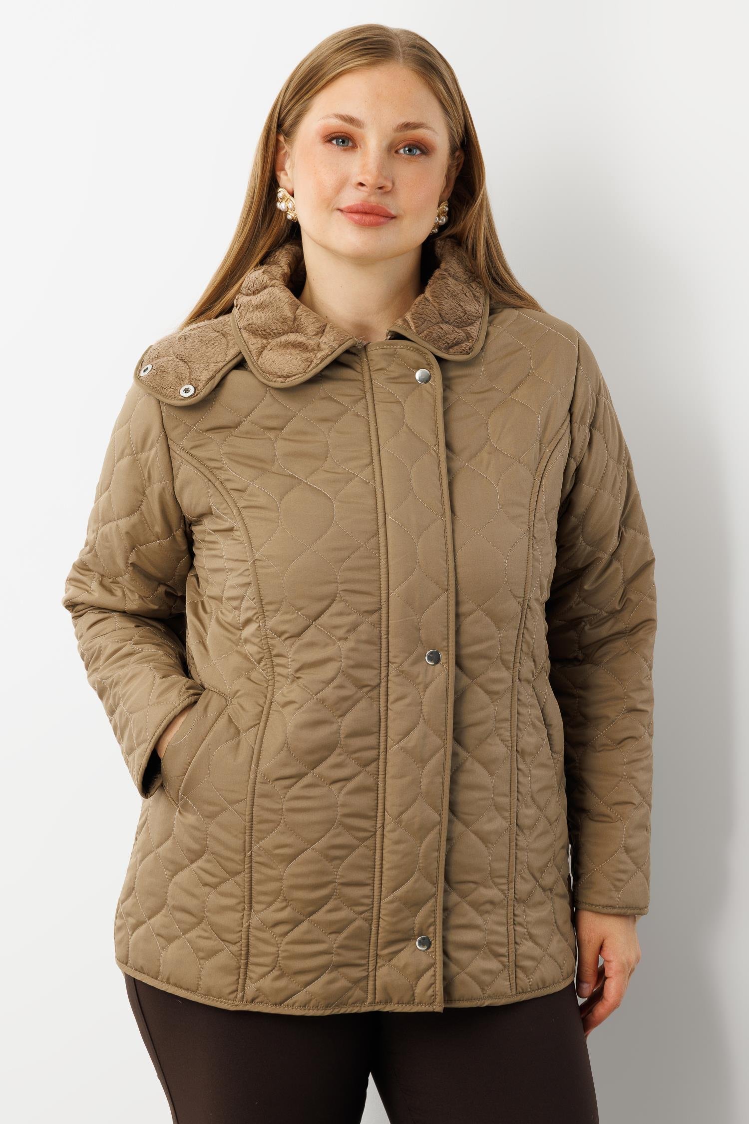 Modailgi  Çıtçıtlı Fermuarlı Soğan Desenli Kapüşonlu Kısa Kapitone Kaban Vizon