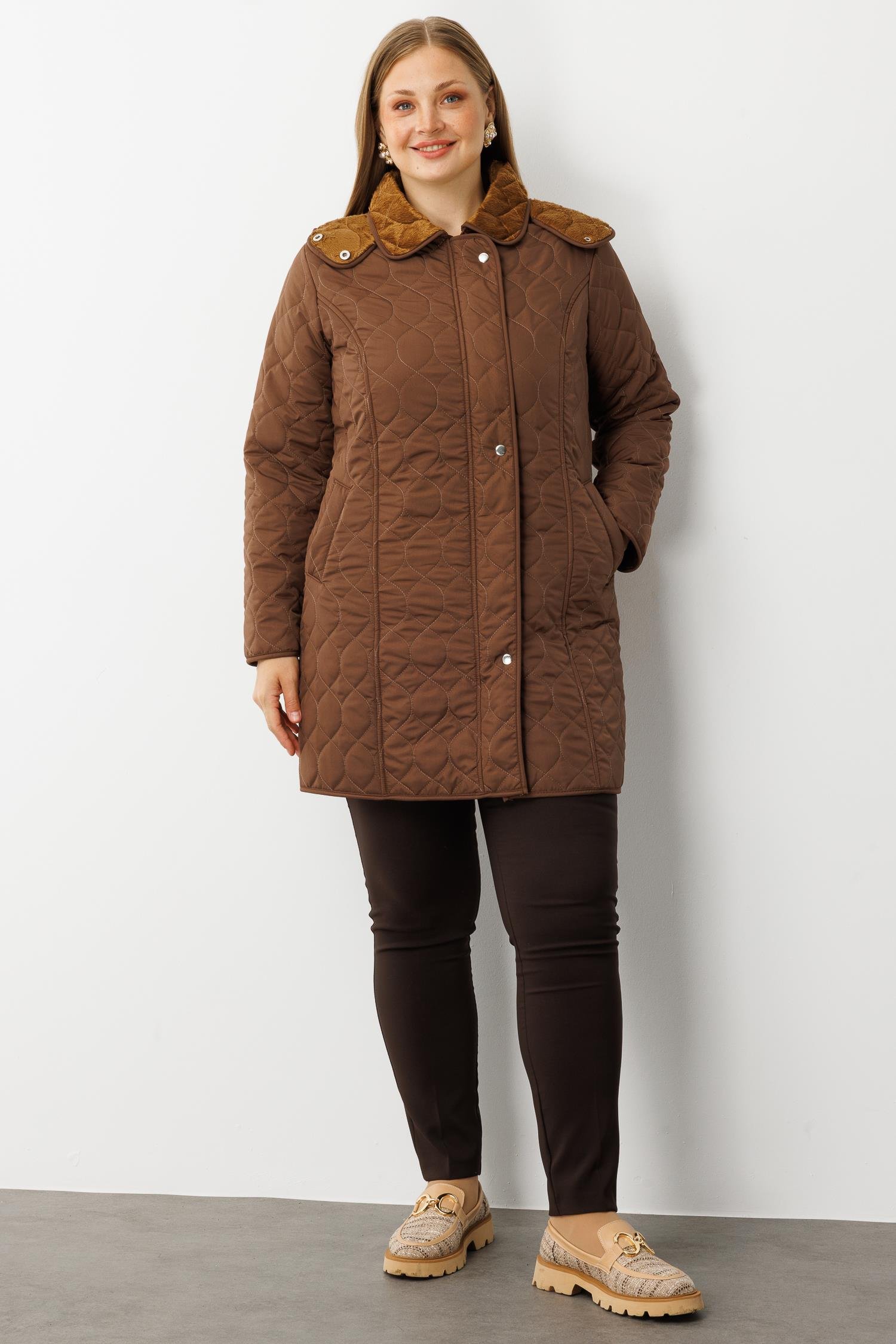 Modailgi  Çıtçıtlı Fermuarlı Soğan Desenli Kapüşonlu Kapitone Kaban Kahve