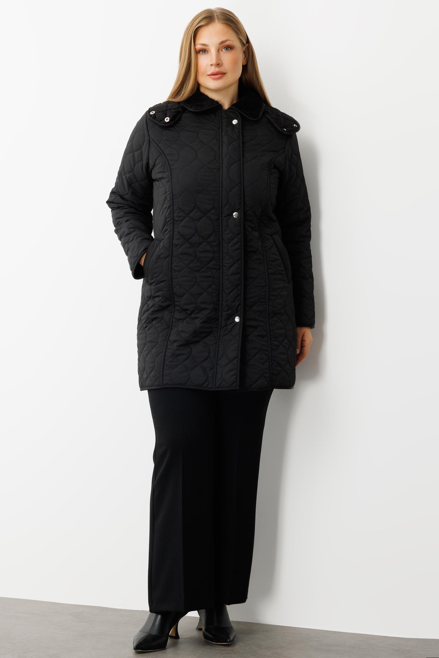 Modailgi  Çıtçıtlı Fermuarlı Soğan Desenli Kapüşonlu Kapitone Kaban Siyah