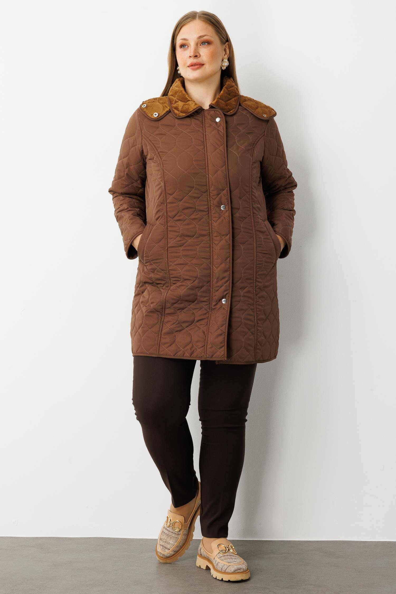 Modailgi  Çıtçıtlı Fermuarlı Soğan Desenli Kapüşonlu Kapitone Kaban Kahve