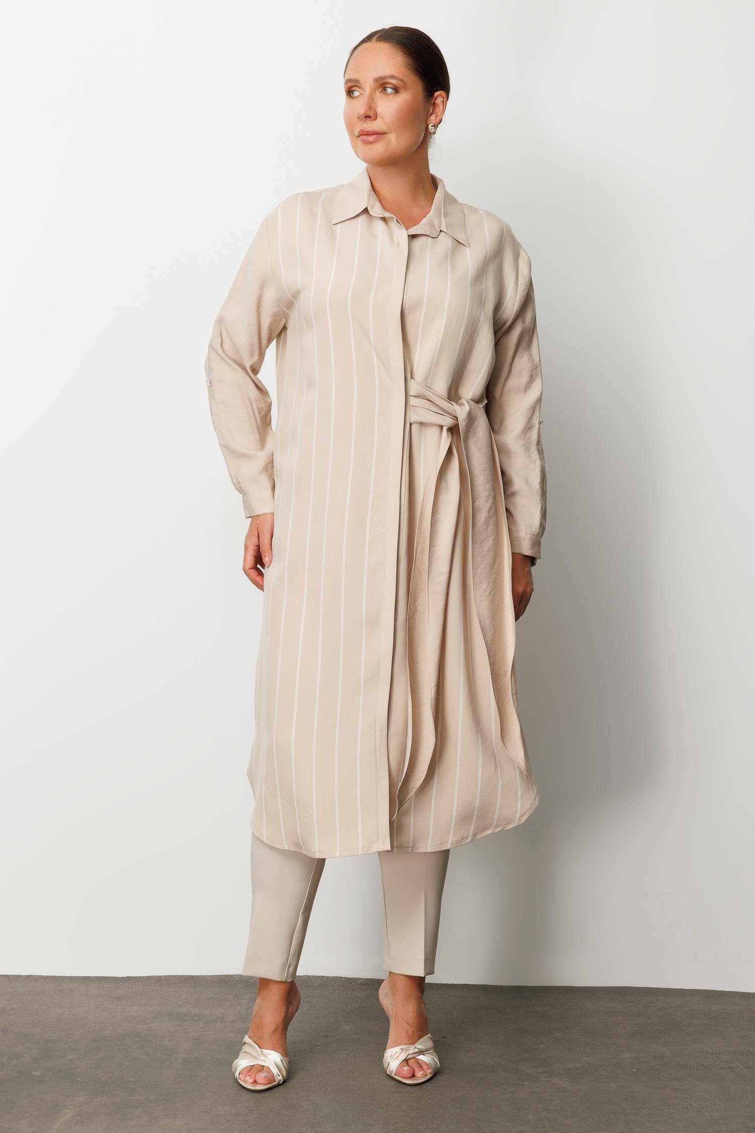 Modailgi  Çizgili Bağlama Detaylı Tunik Taş