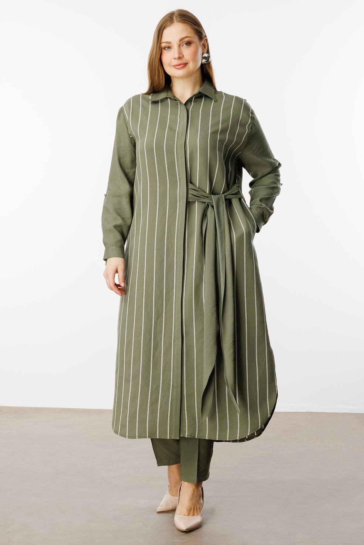 Modailgi  Çizgili Bağlama Detaylı Tunik Haki
