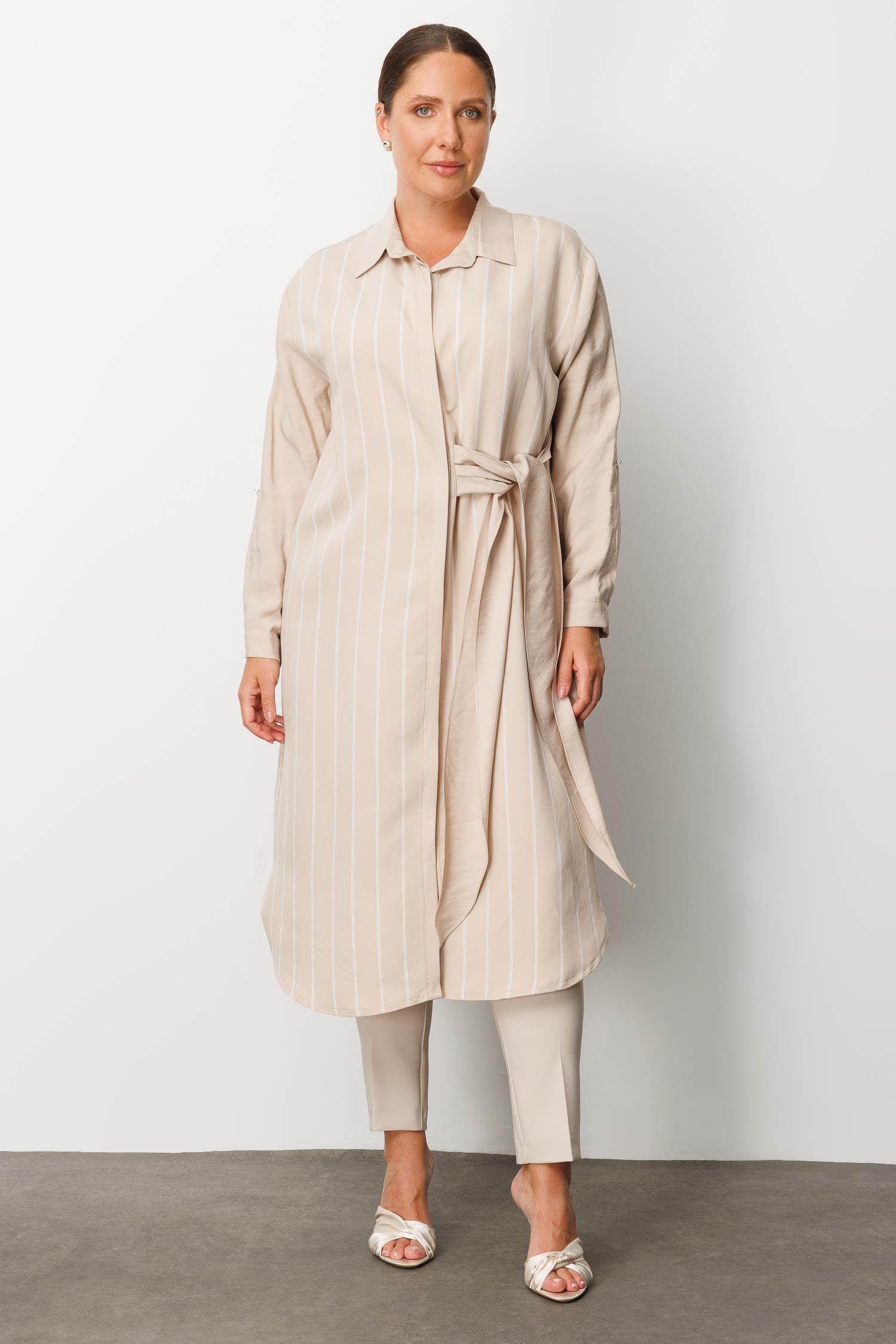 Modailgi  Çizgili Bağlama Detaylı Tunik Taş