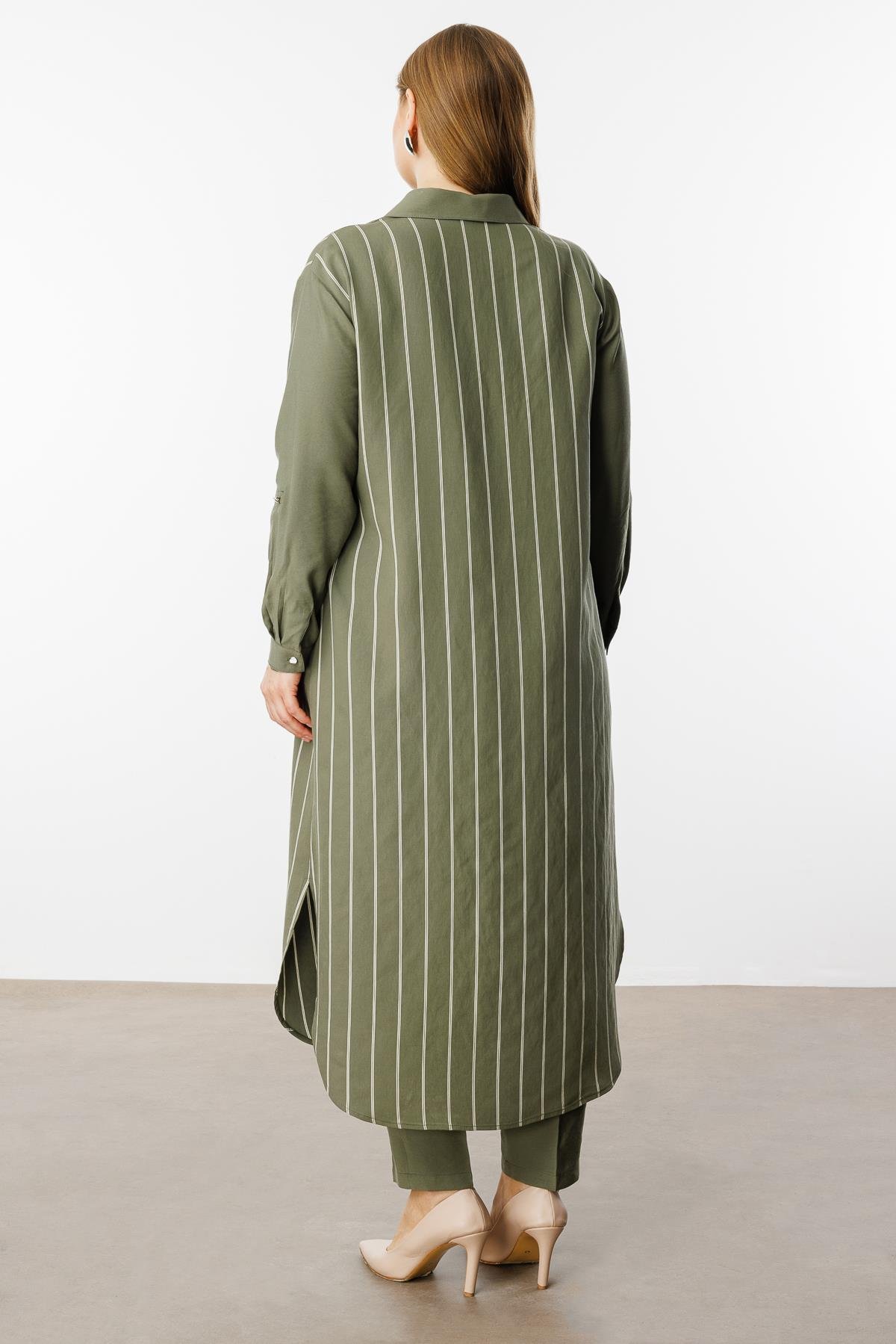 Modailgi  Çizgili Bağlama Detaylı Tunik Haki