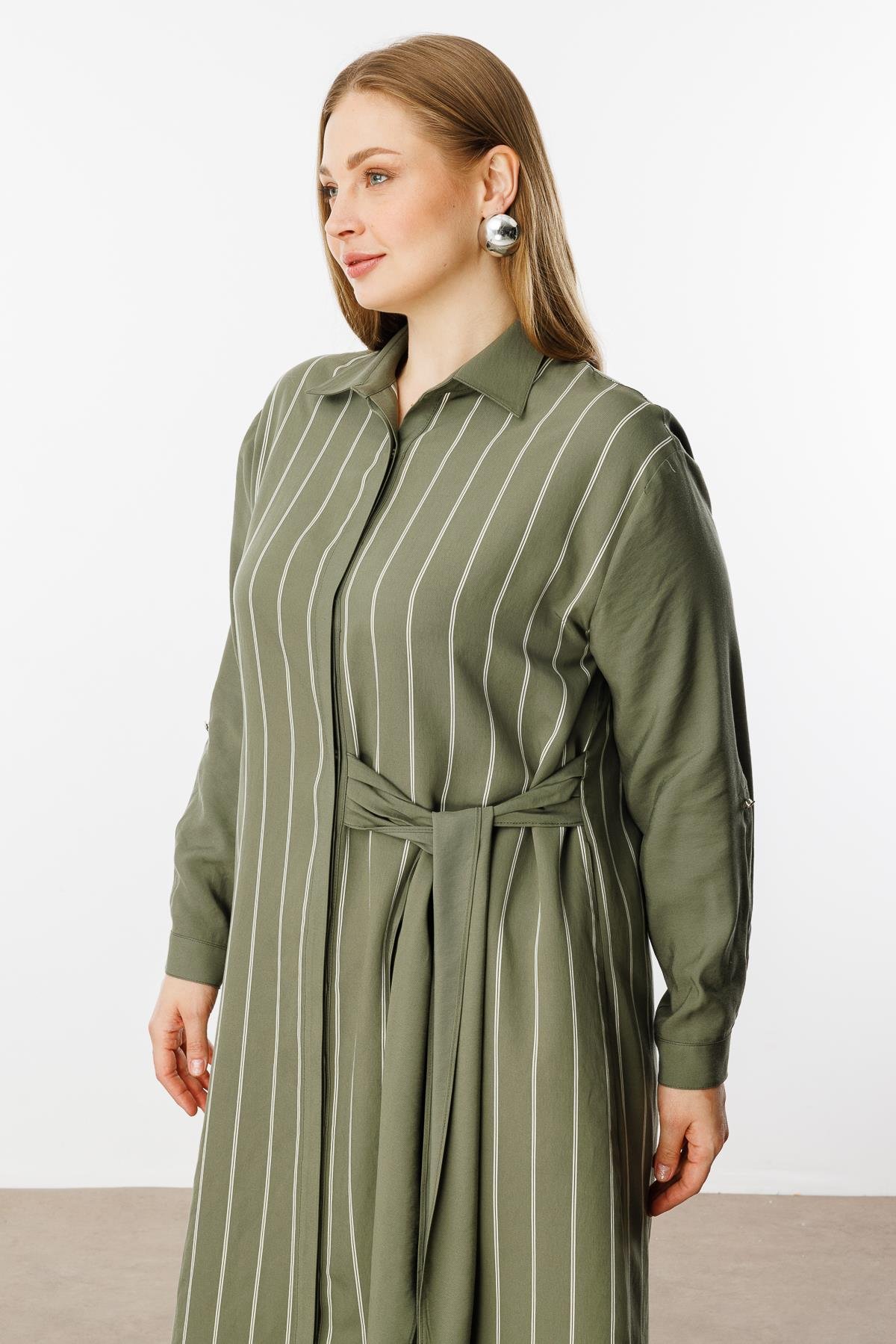 Modailgi  Çizgili Bağlama Detaylı Tunik Haki