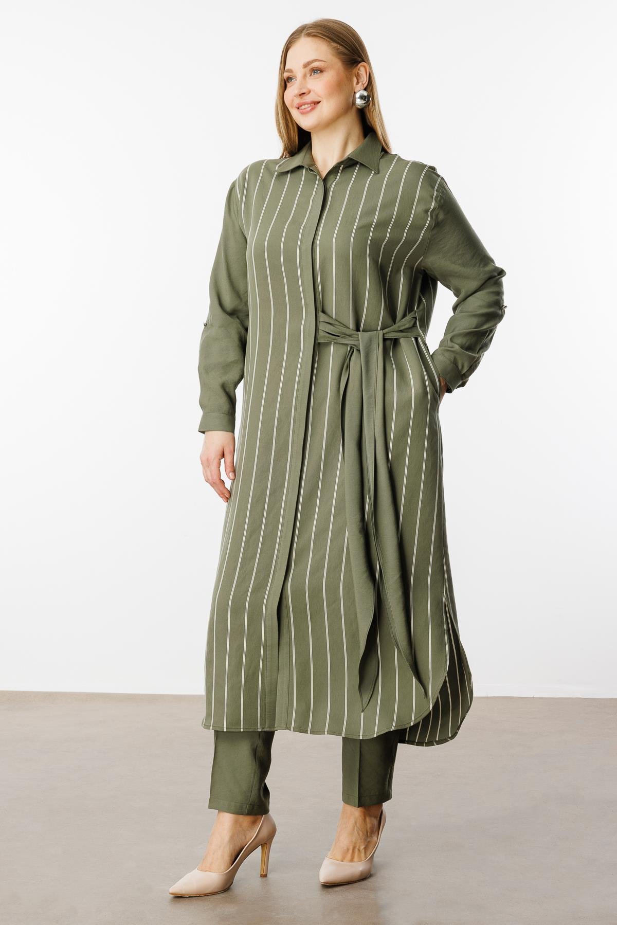 Modailgi  Çizgili Bağlama Detaylı Tunik Haki