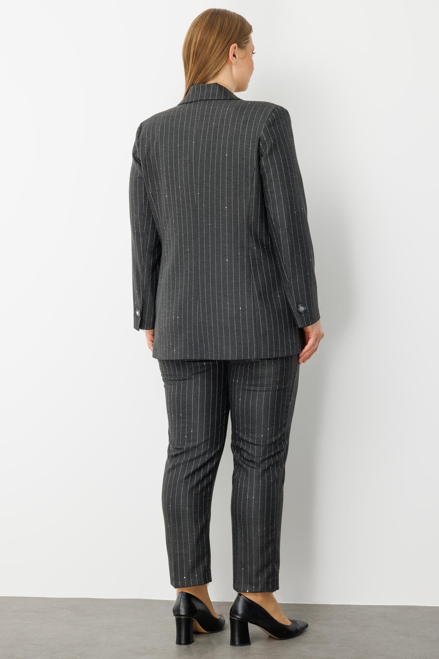 Modailgi  Çizgili Büyük Beden Klasik Pantolon - 50034 Gri