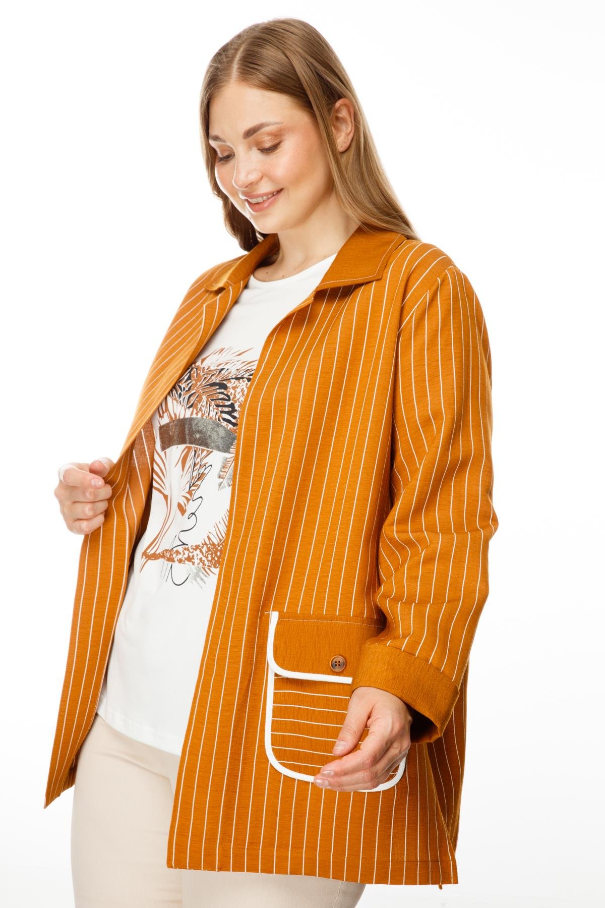 Modailgi  Çizgili Erkek Yaka İkili Ceket Tarçın