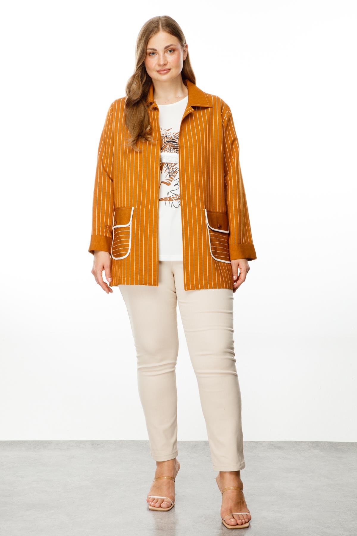 Modailgi  Çizgili Erkek Yaka İkili Ceket Tarçın